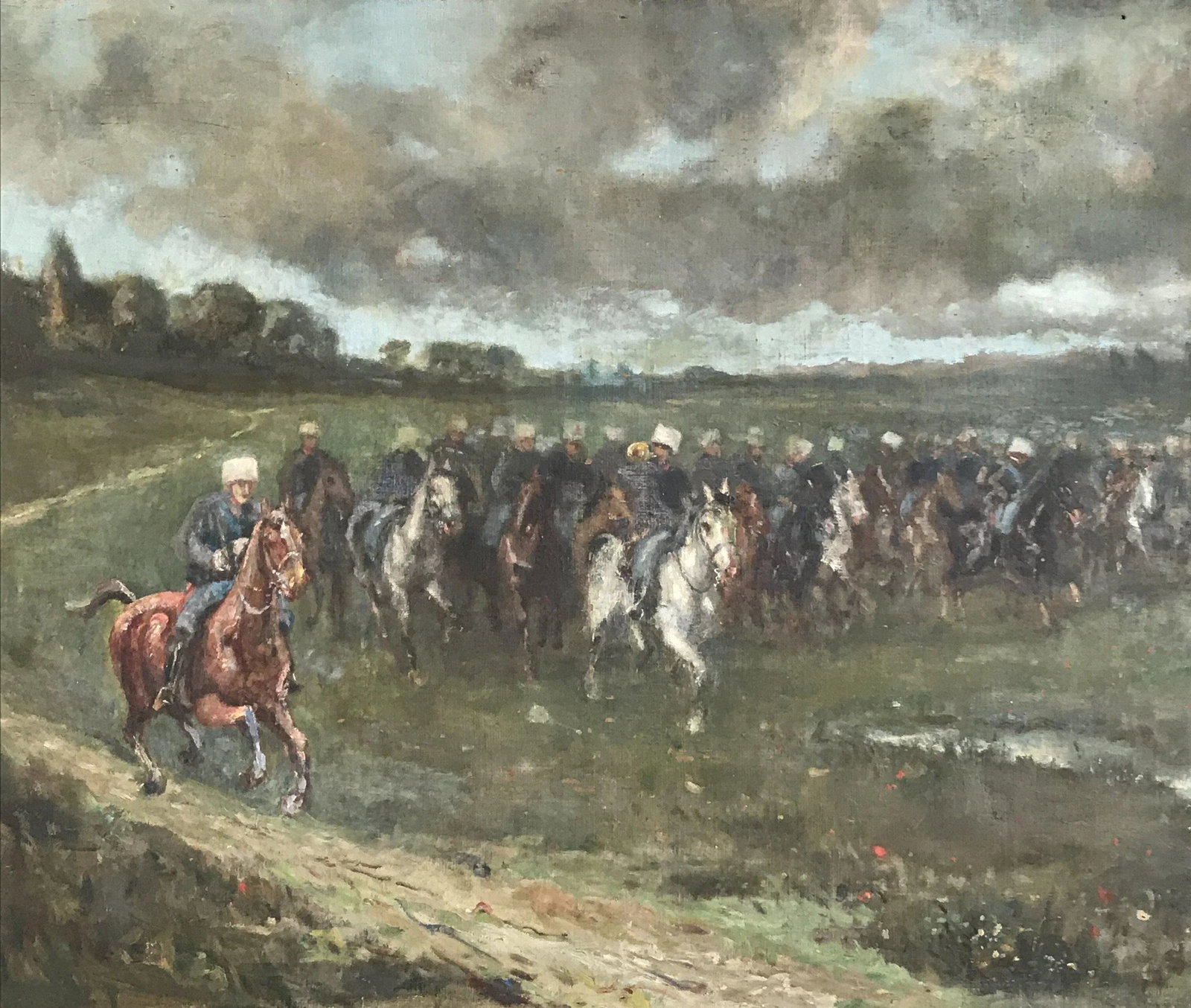 Early French Impressionist Oil Painting of Advancing Equestrian Army - 3