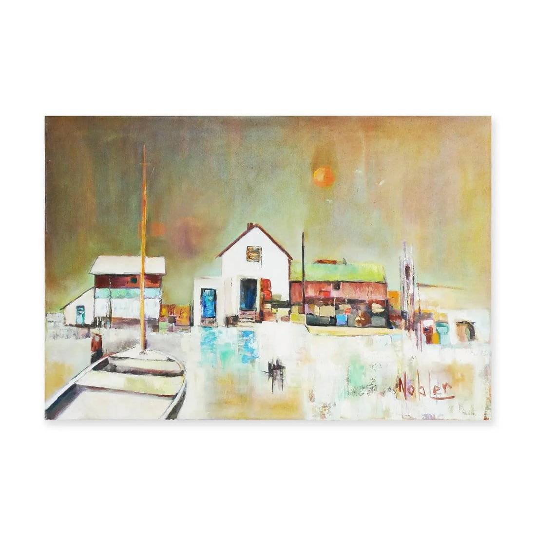 1970s Modern Abstract Cubist Inspired Landscape Painting of an Oceanside Boat Dock By - 2