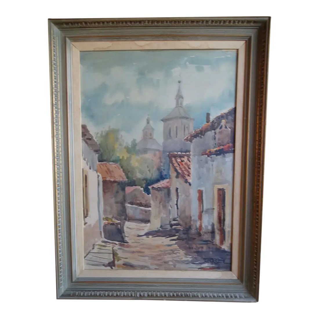 J. Porcel - Mexican Village - Watercolor 1940s-50s: A real charmer. Measures 20" x 28 3/4", frame is 24 1/2" x 33". Condition: Alterations: Original Condition Unaltered Imperfections: Some Imperfections Condition Notes: Framing though intact has some