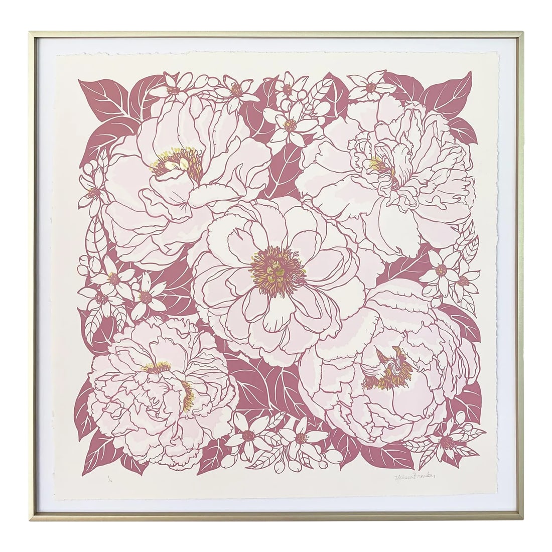 Pink Peonies Hand Silk-Screened Framed Art Print: A fragrant bouquet of peony and neroli flowers in light pink and mulberry with citron centers Hand silk-screened on sustainable ivory fine art paper Print size is 22" x22" Framed artwork size is 24" x