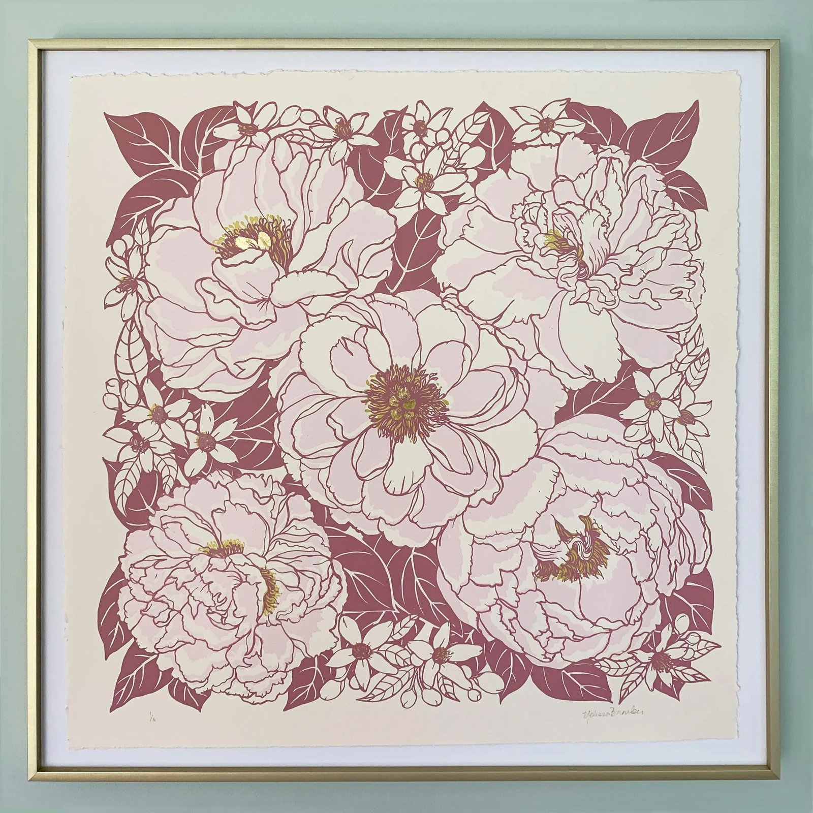 Pink Peonies Hand Silk-Screened Framed Art Print - 2