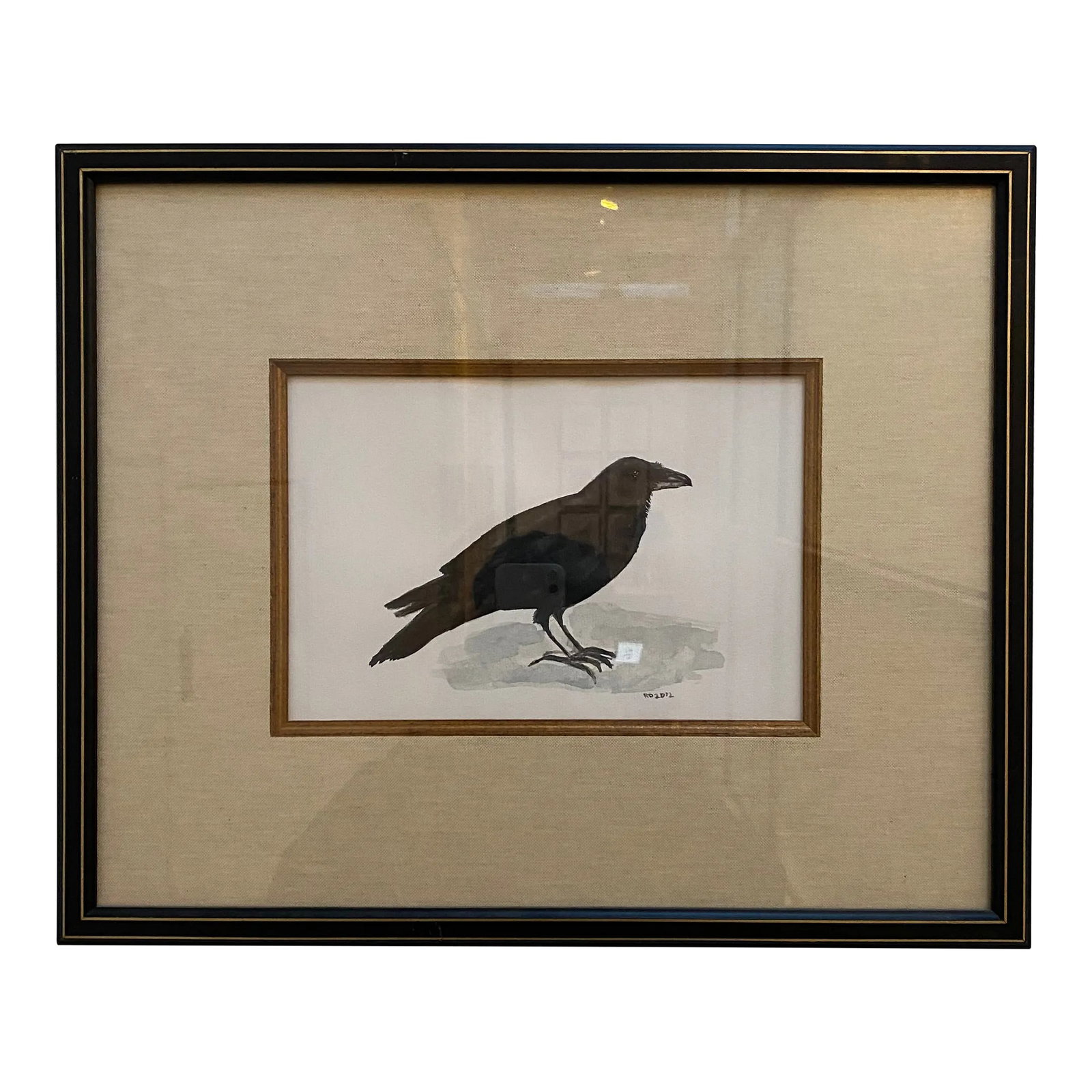 Realist Watercolor Painting of Crow, 2012: This is an original black crow watercolor painting with an elevated woven mat in a black and gold frame signed R.D. Condition: Alterations: Original Condition Unaltered Imperfections: Some Imperfectio