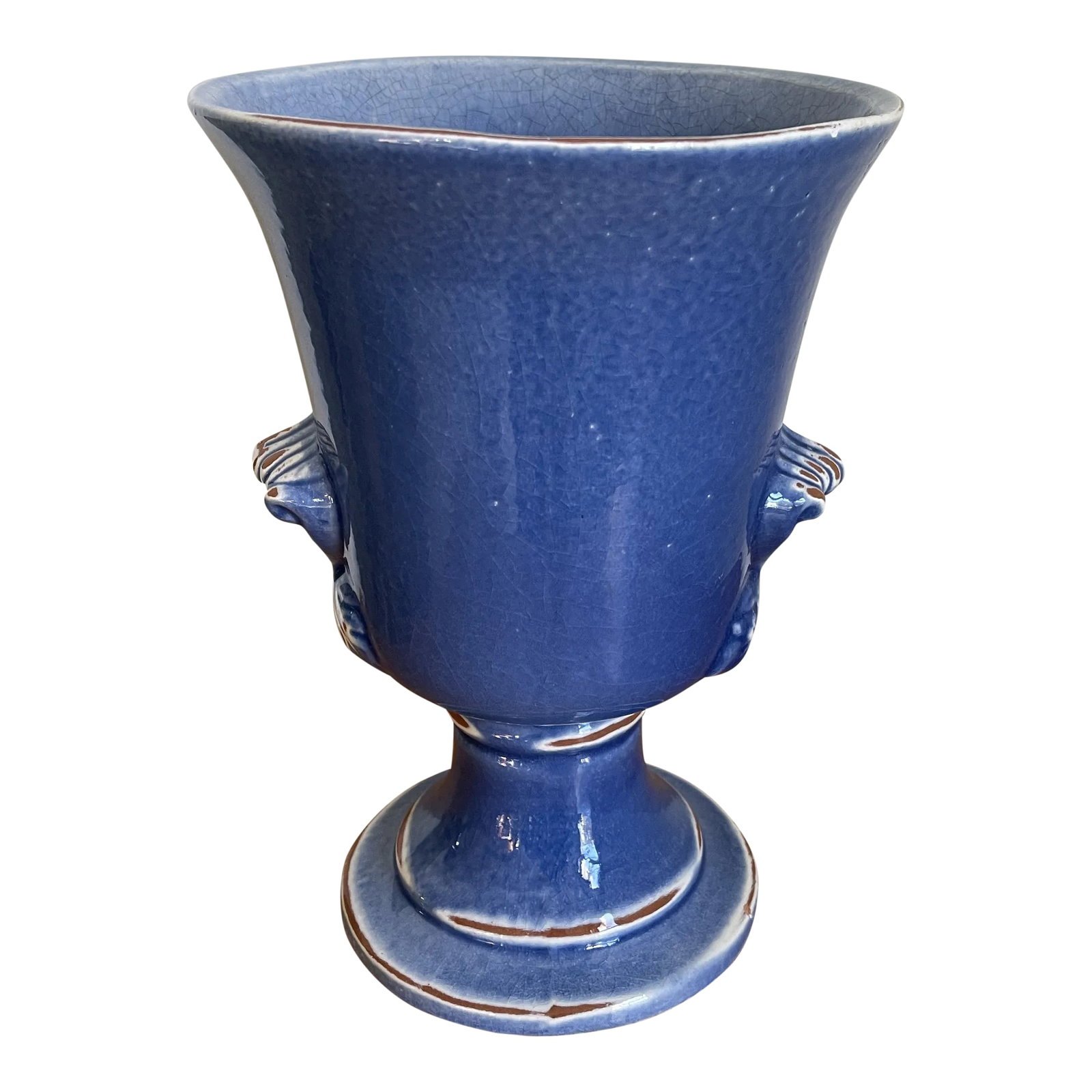 Vintage Glazed Terra Cotta Urn: Mediterranean style terra cotta glazed urn. Beautiful cornflower blue distressed glaze. Use for a centerpiece with flowers or greenery, or even as a wine chiller. Condition: Alterations: Original Cond