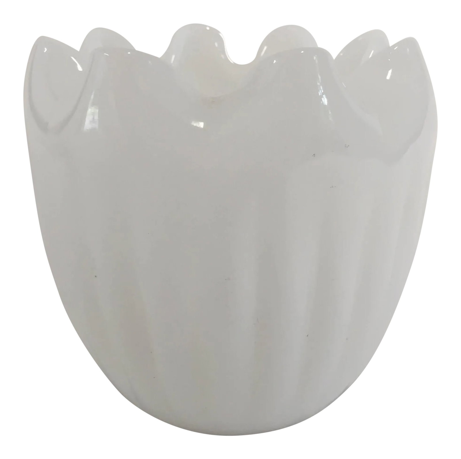 Midcentury Modern Milk Glass Ruffle Vase: Vintage modern translucent white glass vase is like a mid century lily-of-the-valley blossom, with its pattern of vertical ribs and inward facing ruffle. No makers mark. There are two small gray marks