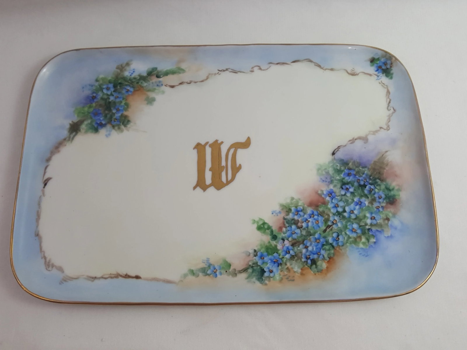French Limoges Blue Floral Monogrammed Tray - 2