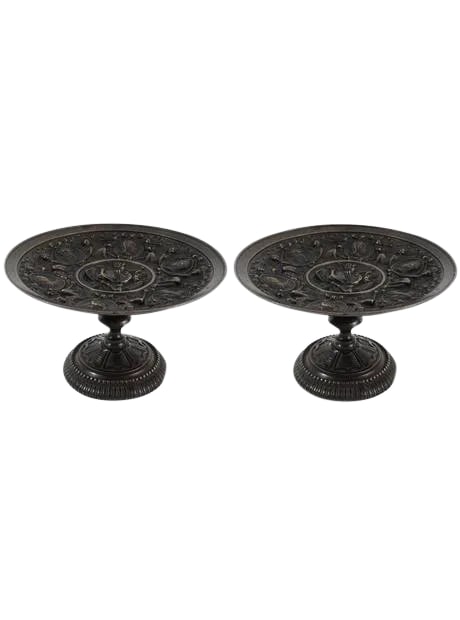 Antique Grand Tour Bronze Compotes / Tazzas, a Pair: Superb pair of genuine 19th-Century Grand Tour bronze tazzas or compotes. They are beautifully detailed with a center medallion, sword, pallet, and scroll and surrounded by medieval portraits of schol