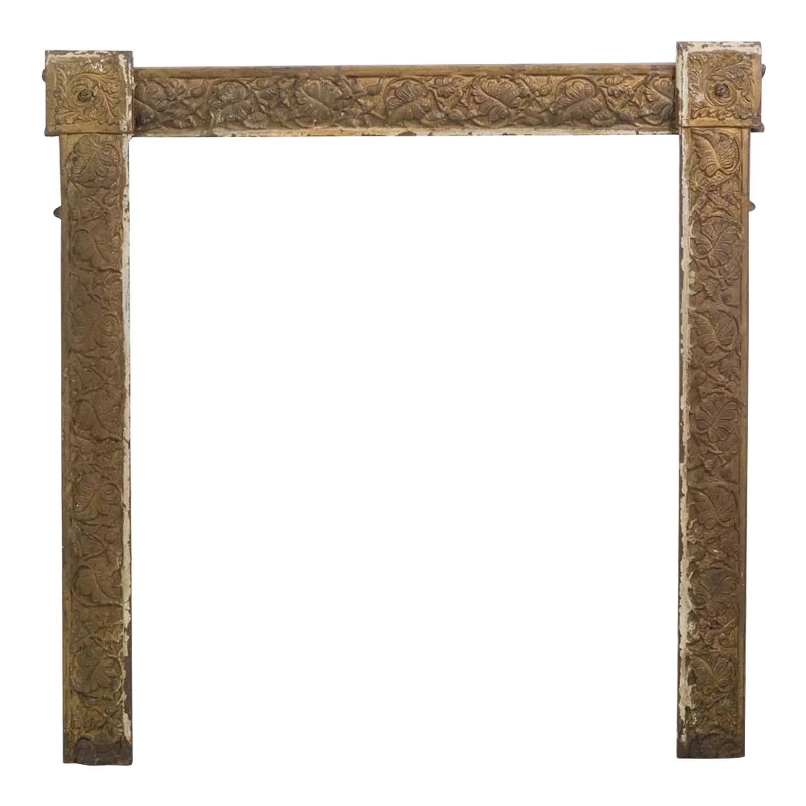 Antique Cast Iron Fireplace Frame Insert With Foliage Details: Cast iron fireplace frame with foliate details and an overall bronze colored paint. There is some rust from age and use. The manufacturer and exact date of creation are unknown. The dimensions are 30.