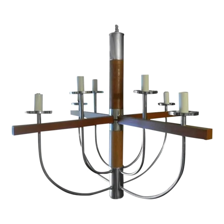 Mid-Century Modern Teak and Chrome Chandelier: Unusual vintage lamp with frame made of wood and metal. Sweeping tubular chrome through teak wood arms. Eight bulbs. Great mid-century design. Item number: 9747-P8263589N/Fc Condition: Alterations: