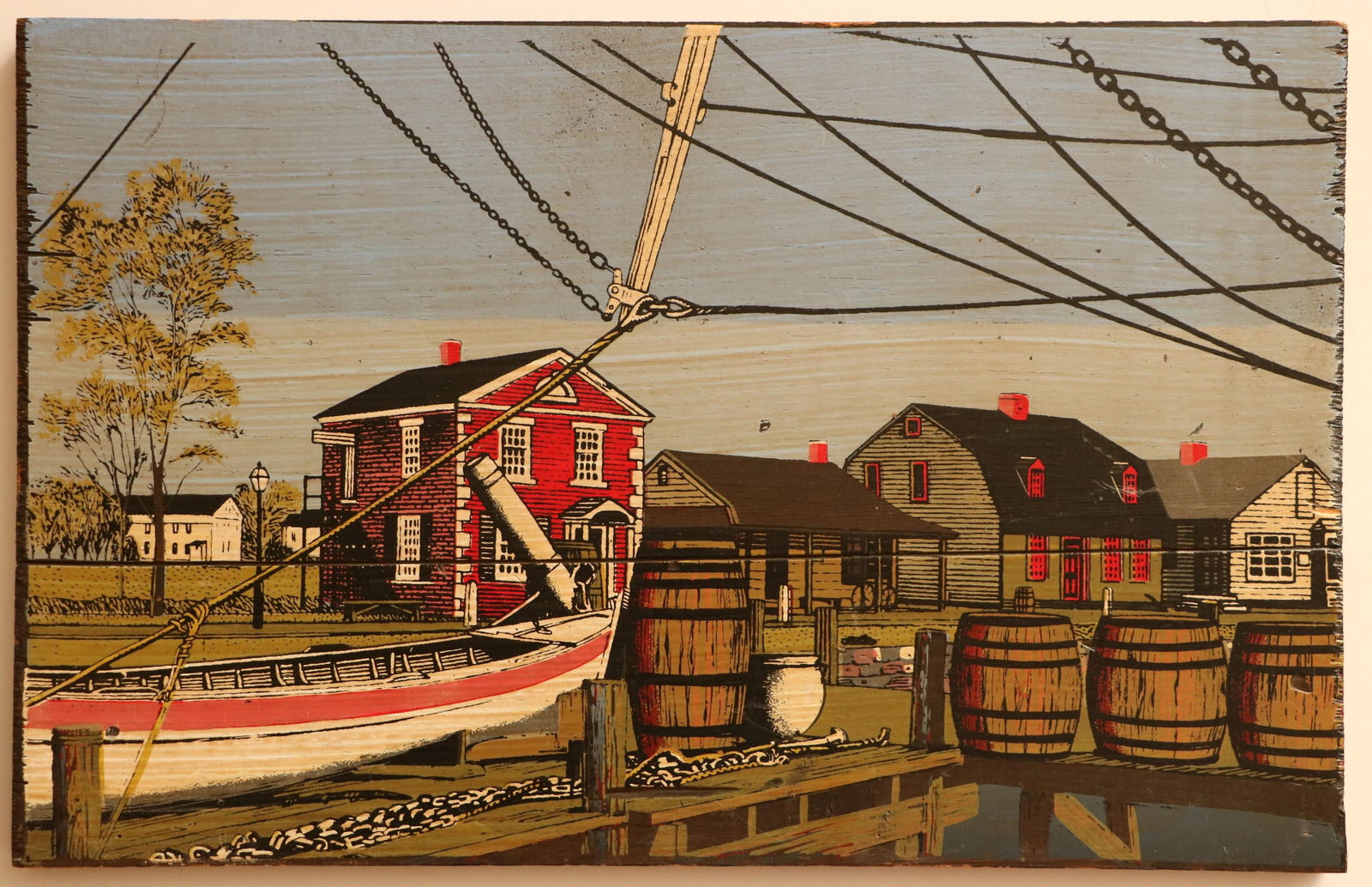 New England Harbor Scene Wood Panel Screen Print - 2