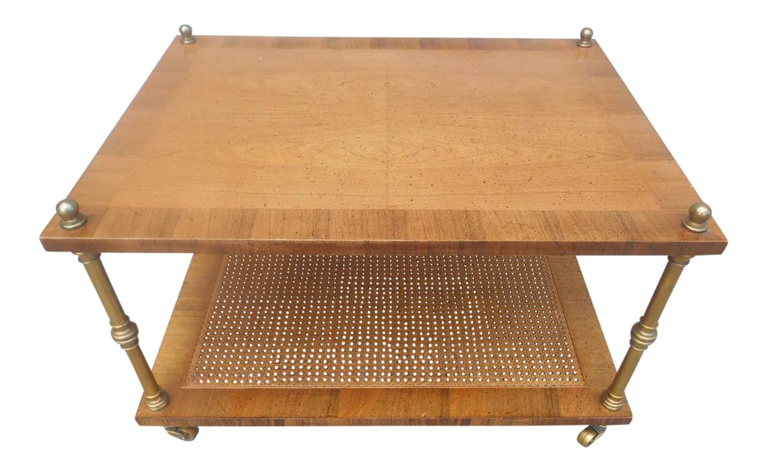 Henredon Mid-Century Modern Birdseye Inlaid Maple Side Table: Fabulous Vintage Mid-Century Modern Henredon Birdseye Inlaid Maple with Brass Columns and Casters Lamp / Side Table. This End Table has a beautiful inlaid top and a caned bottom shelf for your magazin