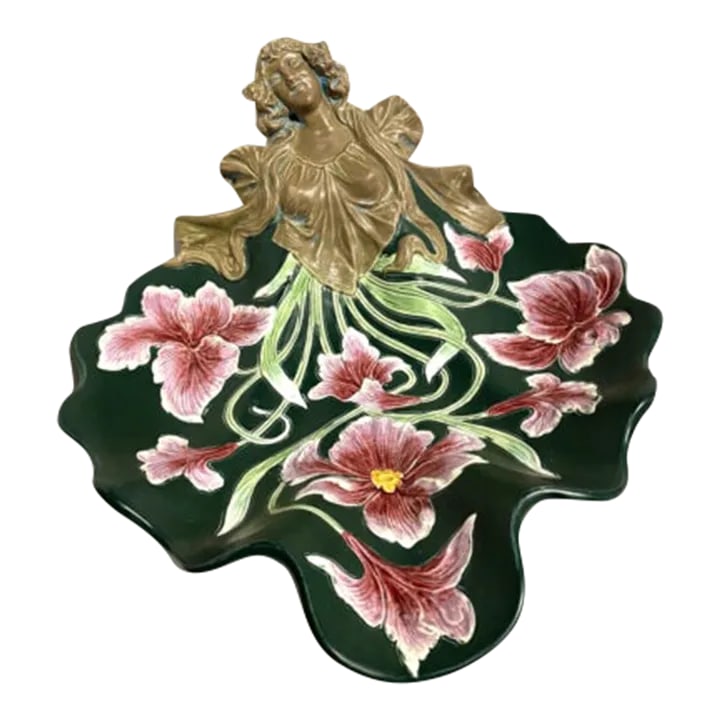 Antique Art Nouveau Majolica Bowl: Original period Art Nouveau bowl with a flowing design of waves and lilies. It will make a striking accent wherever displayed Condition: Alterations: Original Condition Unaltered Imperfections: Some I