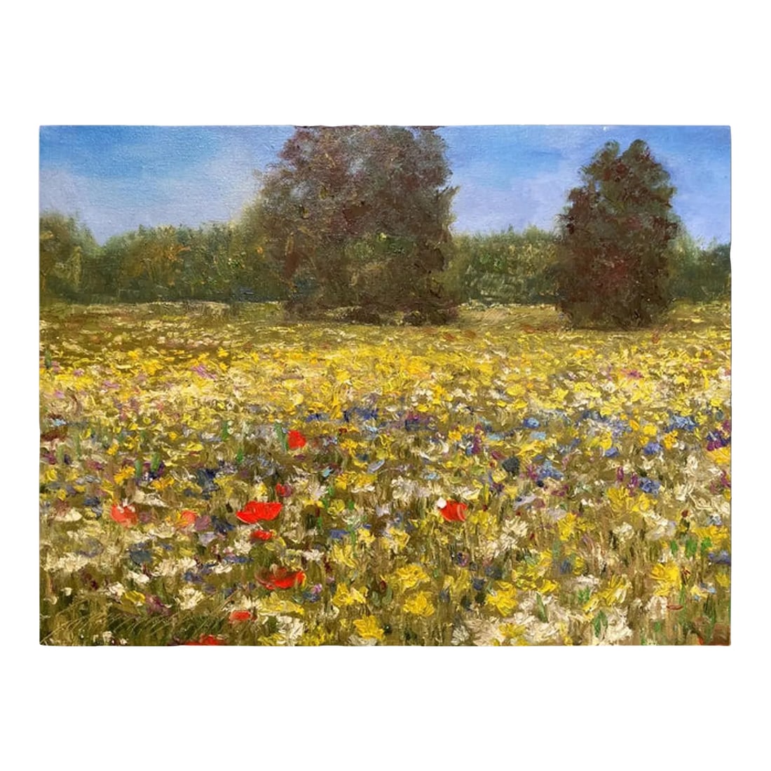 "Field of Flowers" Contemporary Original Field Landscape Oil Painting: A lovely Impressionist rendering of a field studded with colorful flowers, by a Russian artist whose name I cannot make out on the back of the canvas - so I have listed it as "artist unknown." It is