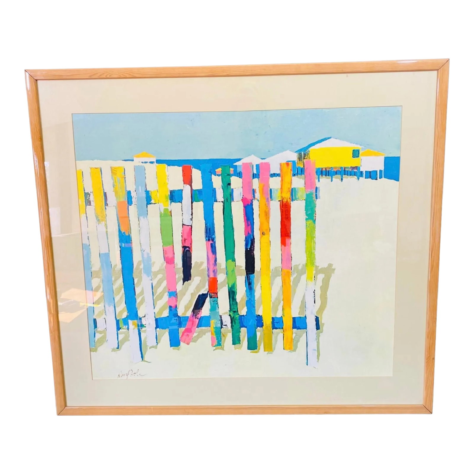 1977 Dan Poole Offset Lithograph Rainbow Beach With Wood Frame Under Glass: 1977 Dan Poole Offset Lithograph Rainbow Beach with Wood Frame Under Glass. Dimensions with Frame W 37.5" D .75" H 33.5" Framed by Leighton/Tracy Gallery, Meredith NH. Condition: Alterations: