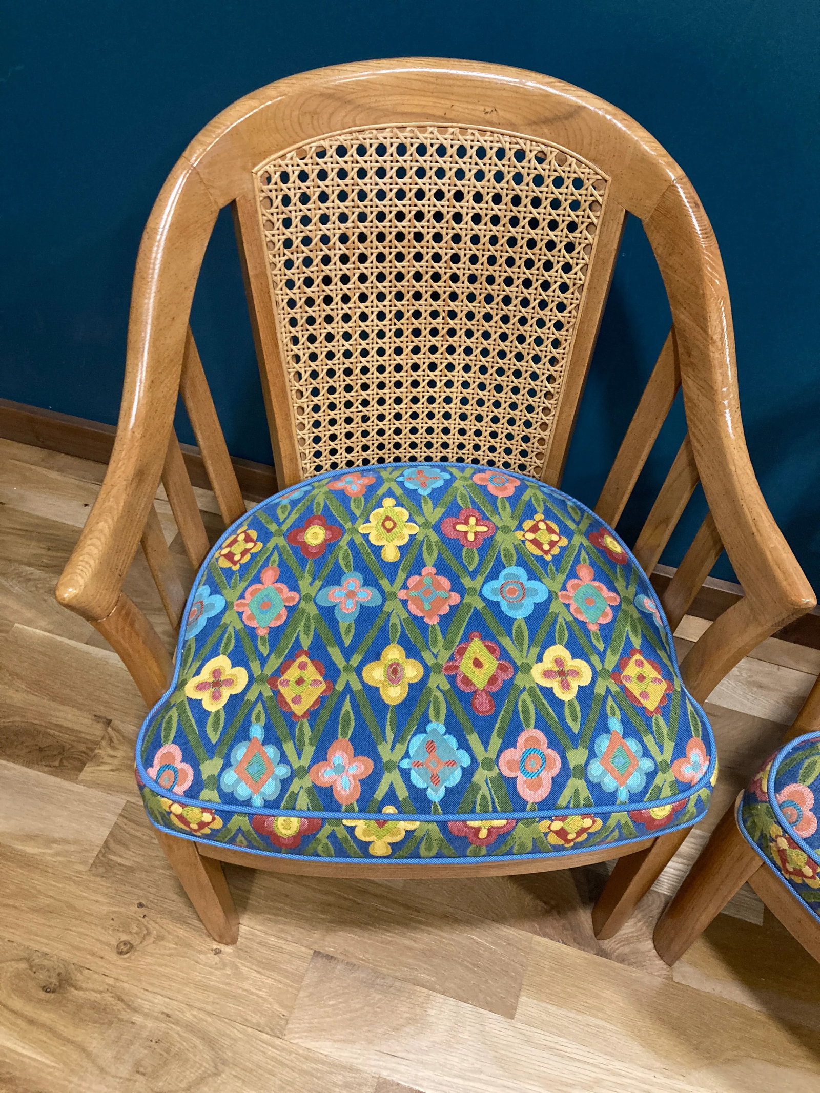 Midcentury Blue Floral Cane Back Barrel Chairs - Set of 2 - 2
