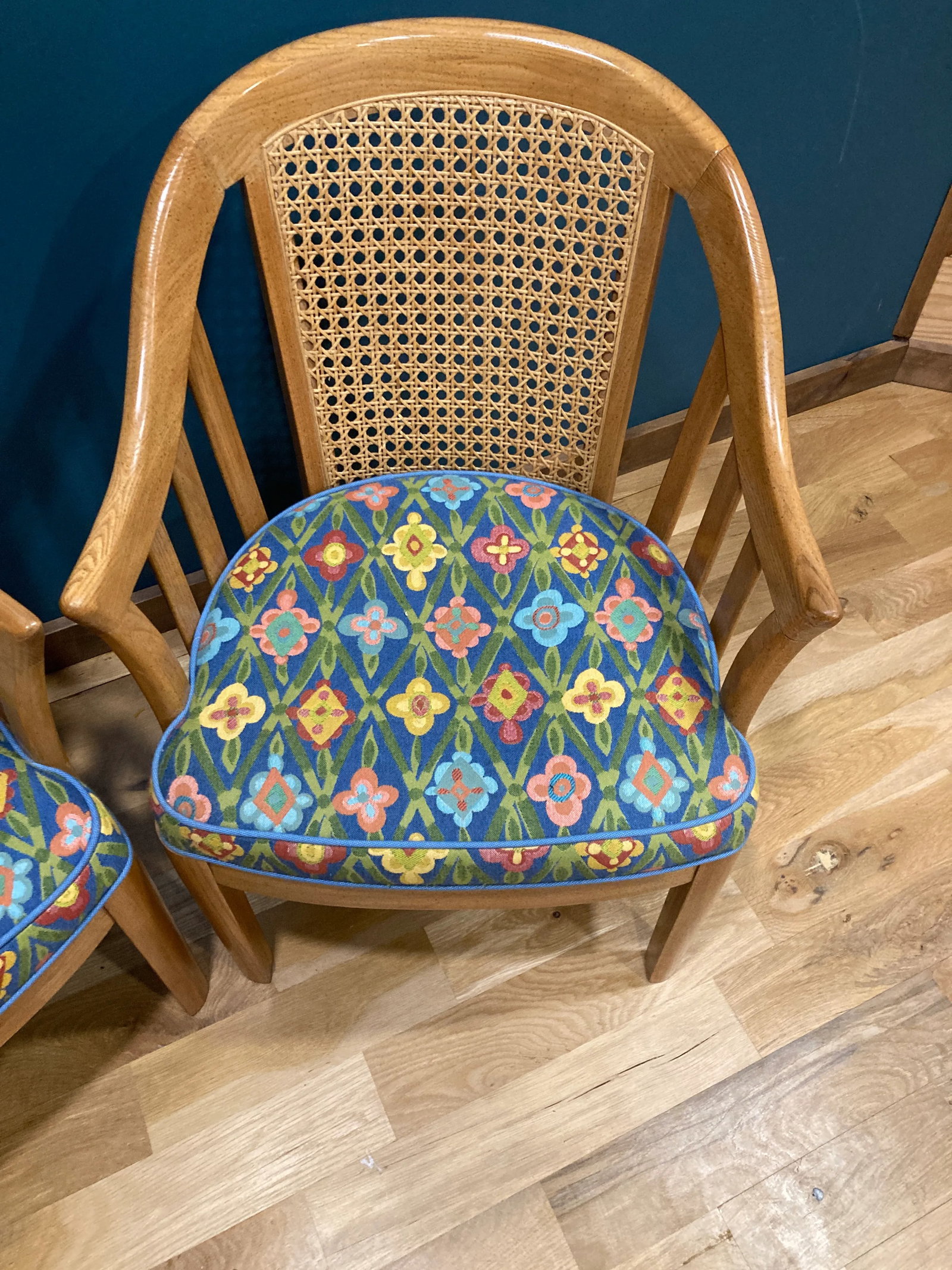 Midcentury Blue Floral Cane Back Barrel Chairs - Set of 2 - 3