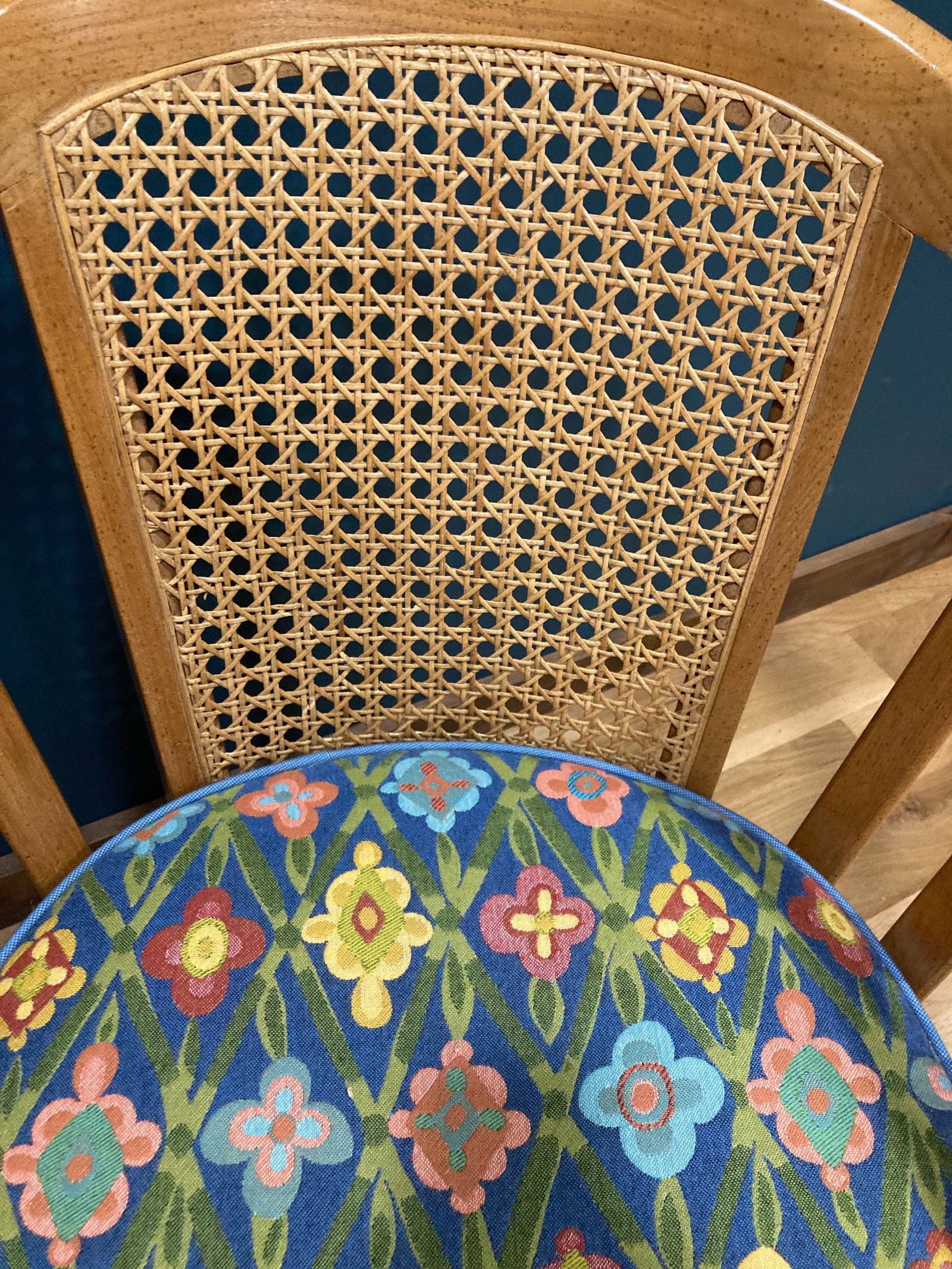 Midcentury Blue Floral Cane Back Barrel Chairs - Set of 2 - 4