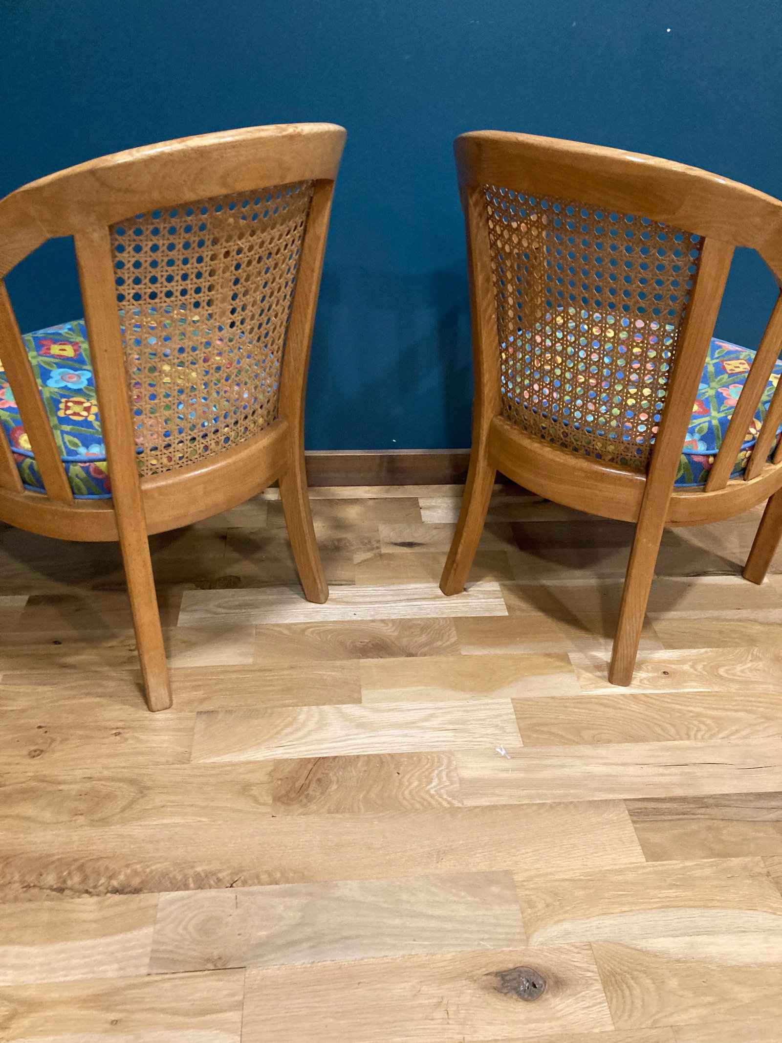 Midcentury Blue Floral Cane Back Barrel Chairs - Set of 2 - 6