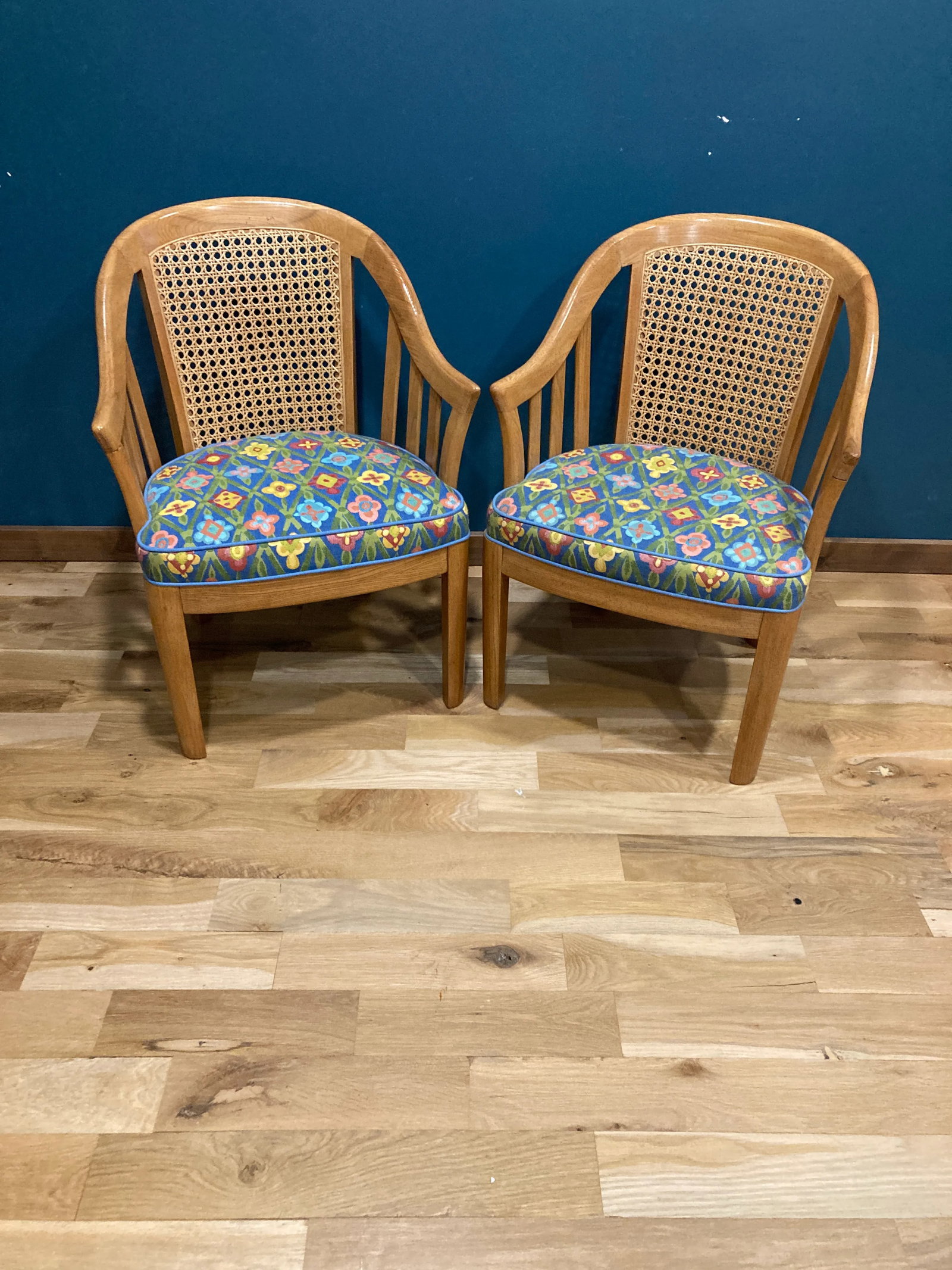 Midcentury Blue Floral Cane Back Barrel Chairs - Set of 2 - 8
