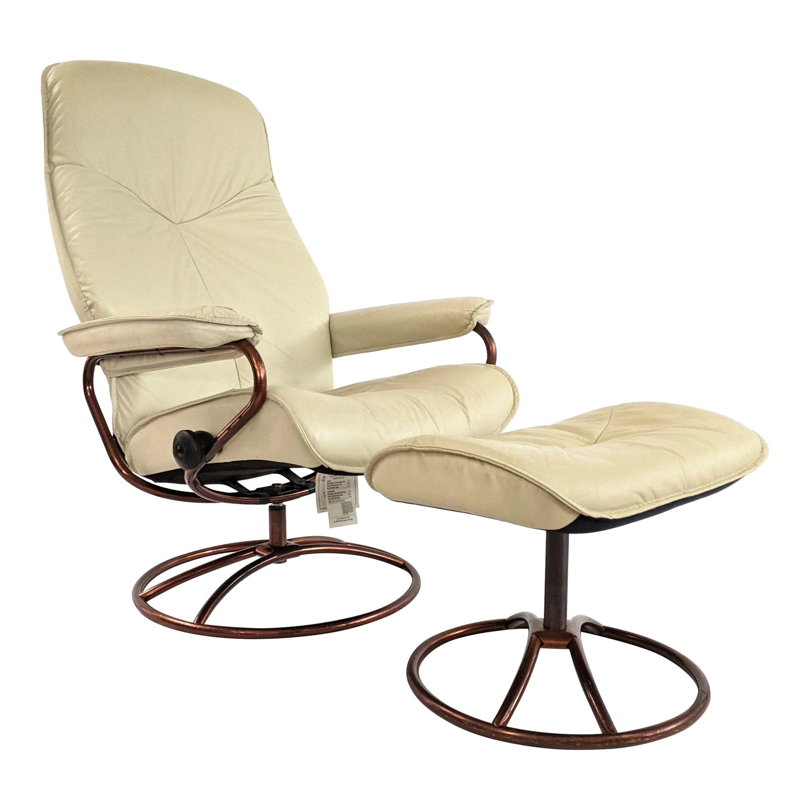 Vintage Ekornes Stressles Lounge Chair With Footrest: Vintage reclining 1970's Lounge Chair with original matching ottoman. Ekornes Stresssles chair reclines and swivels, the ottoman also swivels to allow perfect positioning. Known both for comfort and