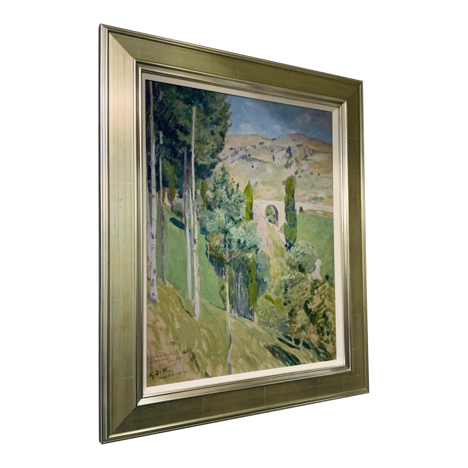 Plein Air Style Framed Landscape Painting By: Arroyo: Timeless Plein Air Style Framed Landscape Painting by: Arroyo, Tuscan scene with Cyprus trees, silver leaf finished wood frame with white linen liner, showroom floor sample Condition: Imperfections: