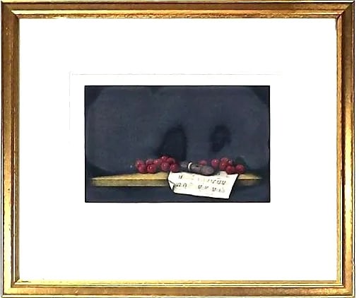 T. Yolk Vintage Still Life Fruit Print: This is a vintage still-life lithograph of fruit depicting berries on a table with a flute and sheet music. Made out of ink on paper, glass, and a wood frame. It is signed "T. Yolk" and numbered