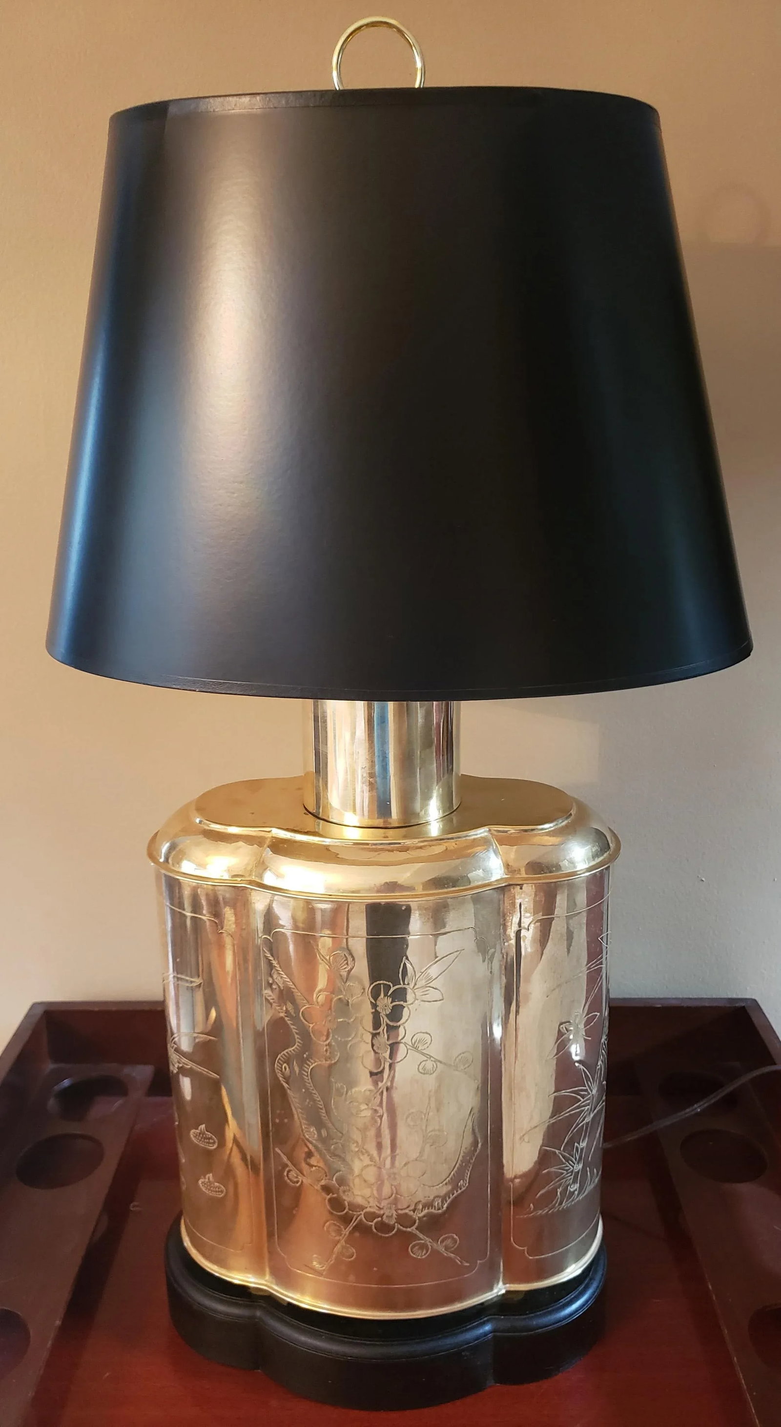 Late 20th Century Frederick Cooper Large Etched Brass Tea Canister Table Lamp Black Shade - 12