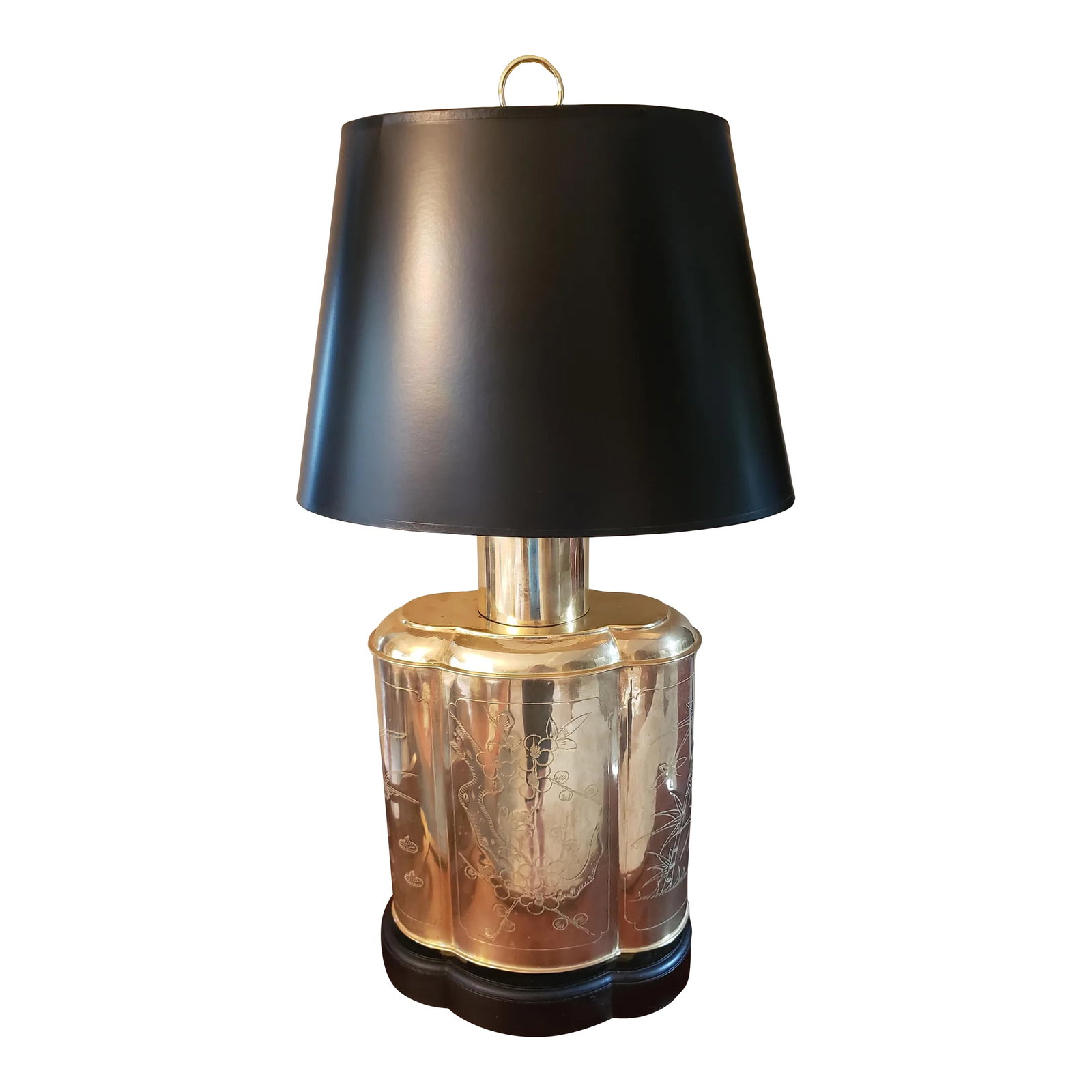 Late 20th Century Frederick Cooper Large Etched Brass Tea Canister Table Lamp Black Shade: Vintage Frederick Cooper brass canister lamp with highly detailed etched bird & floral scenes on each side. Quality made, brass with a wood base. In very good `working condition. Beautiful black