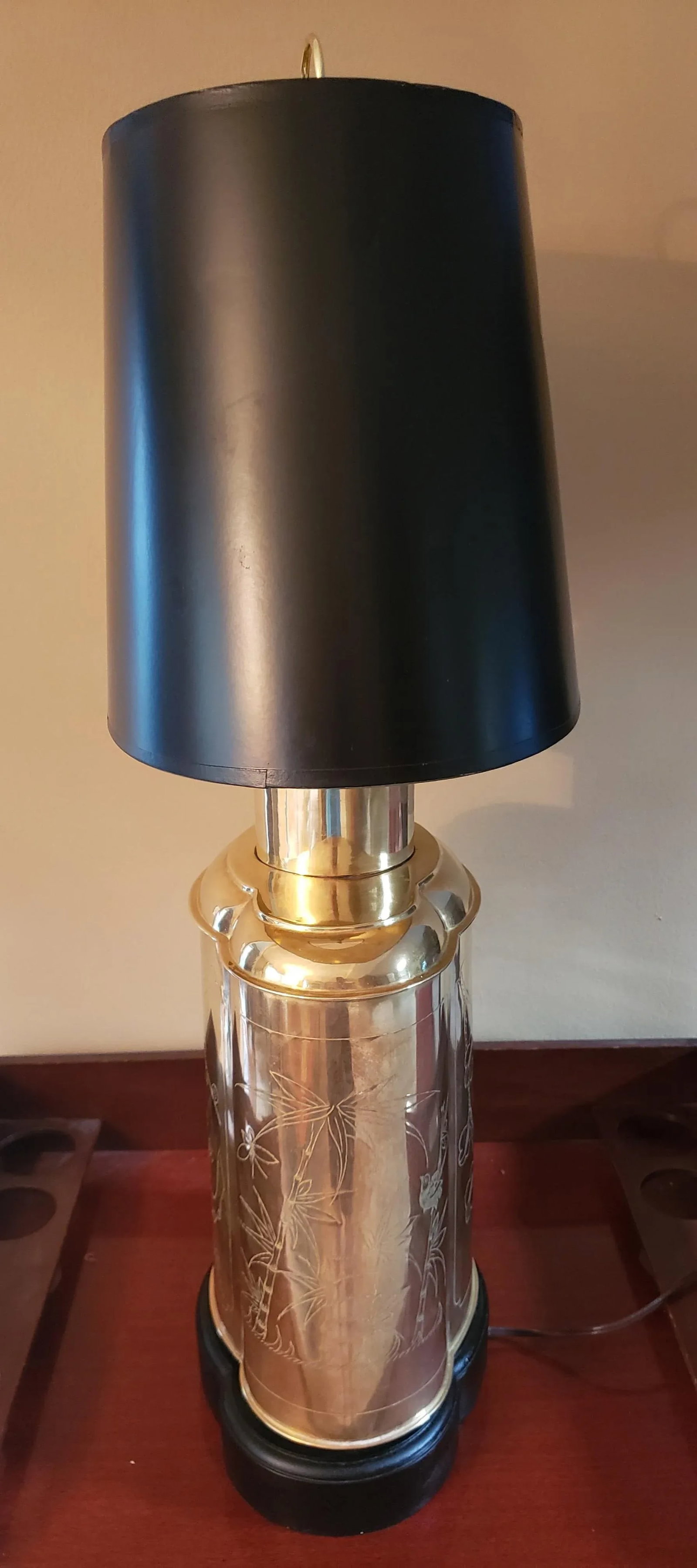 Late 20th Century Frederick Cooper Large Etched Brass Tea Canister Table Lamp Black Shade - 2