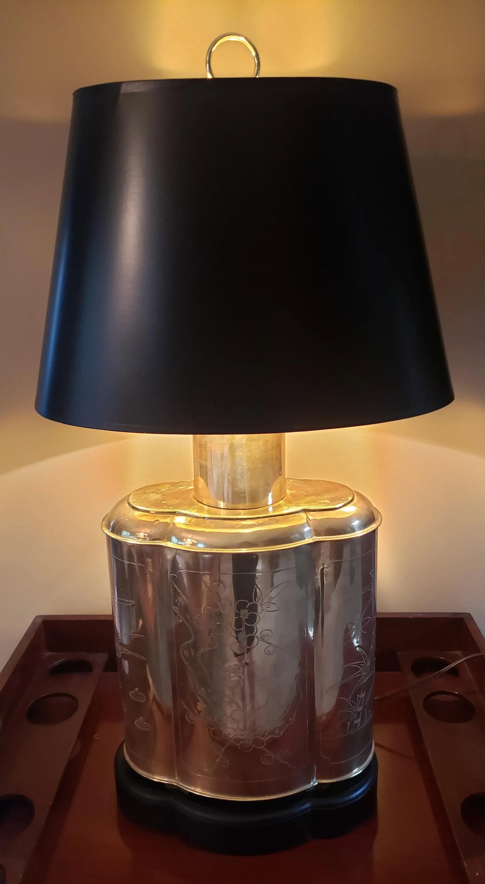Late 20th Century Frederick Cooper Large Etched Brass Tea Canister Table Lamp Black Shade - 3