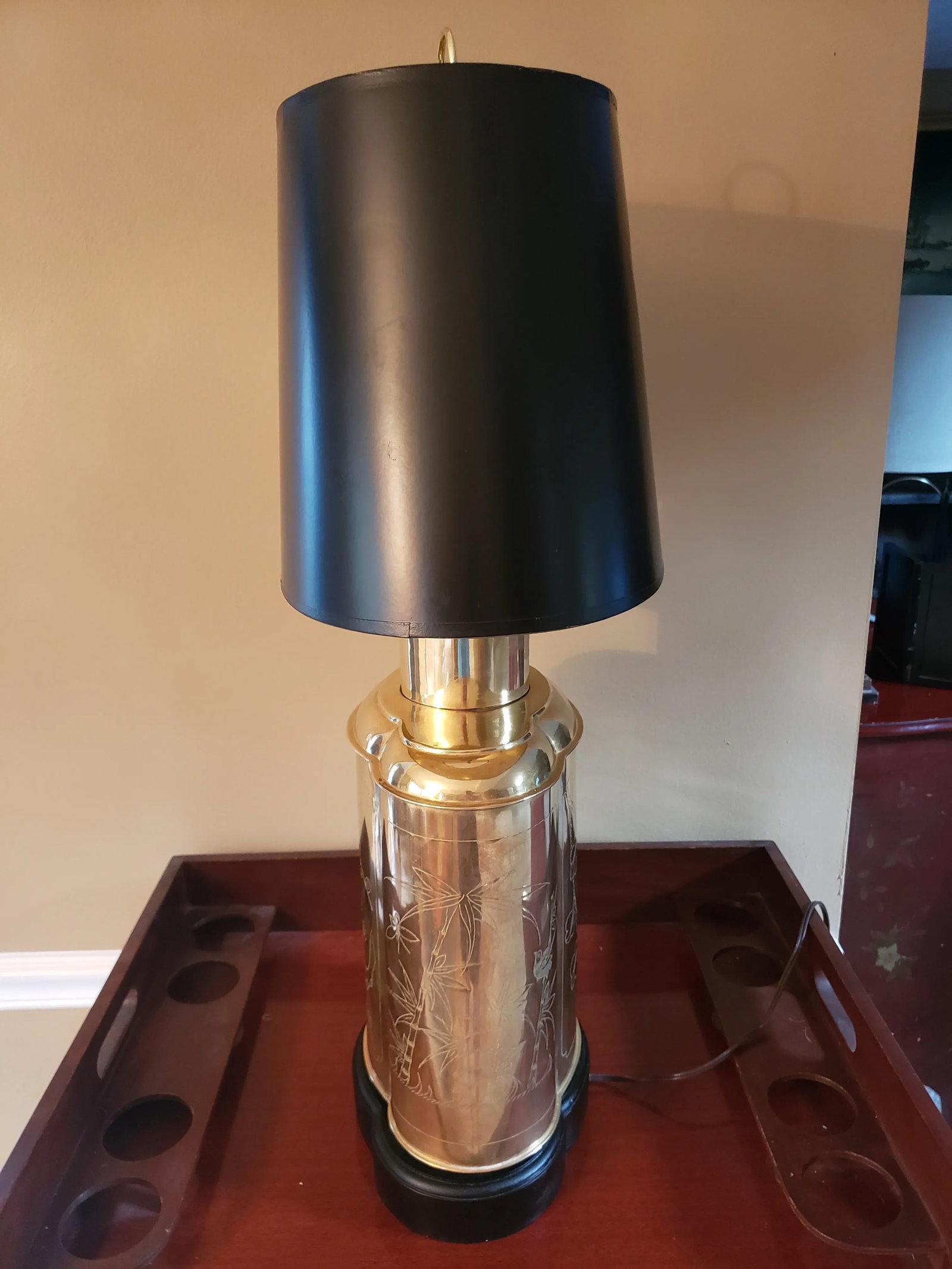 Late 20th Century Frederick Cooper Large Etched Brass Tea Canister Table Lamp Black Shade - 5