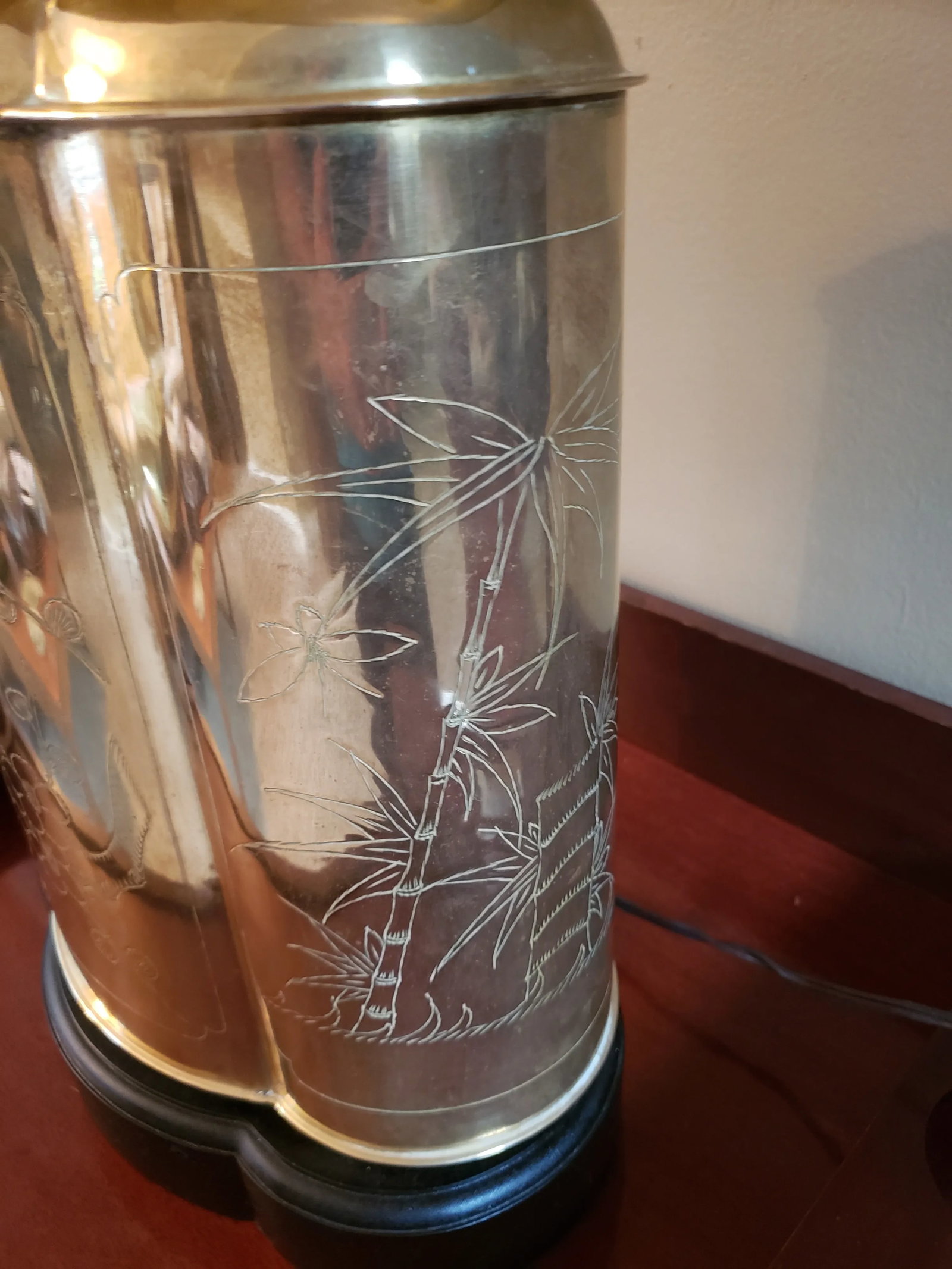 Late 20th Century Frederick Cooper Large Etched Brass Tea Canister Table Lamp Black Shade - 8