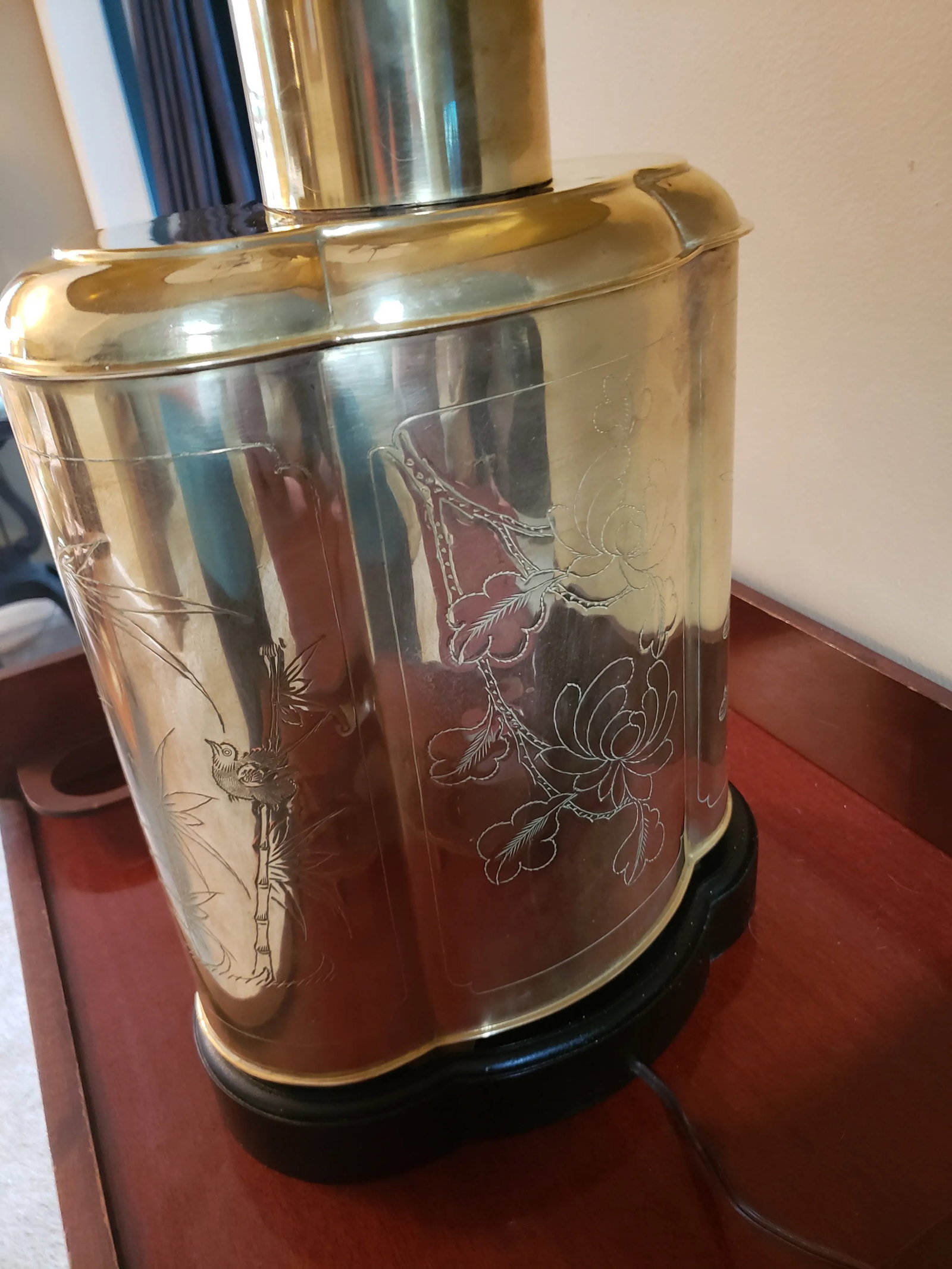 Late 20th Century Frederick Cooper Large Etched Brass Tea Canister Table Lamp Black Shade - 9