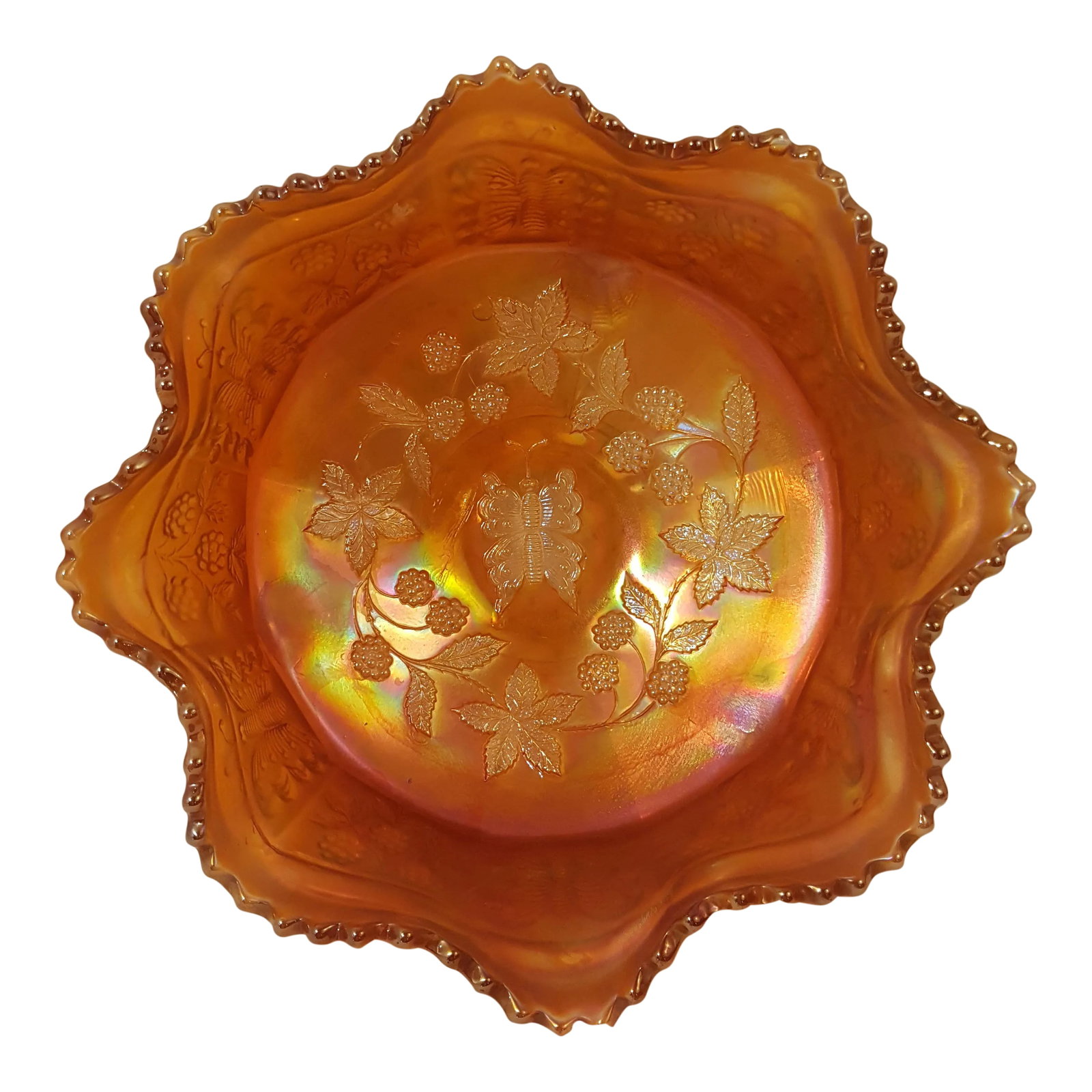 Fenton Marigold Butterfly And Berry Bowl: Marigold Fenton butterfly and berry pattern carnival glass bowl, *small chip on base please see photo* This is a more obscure piece of Fenton. Condition: Alterations: Original Condition Unaltered