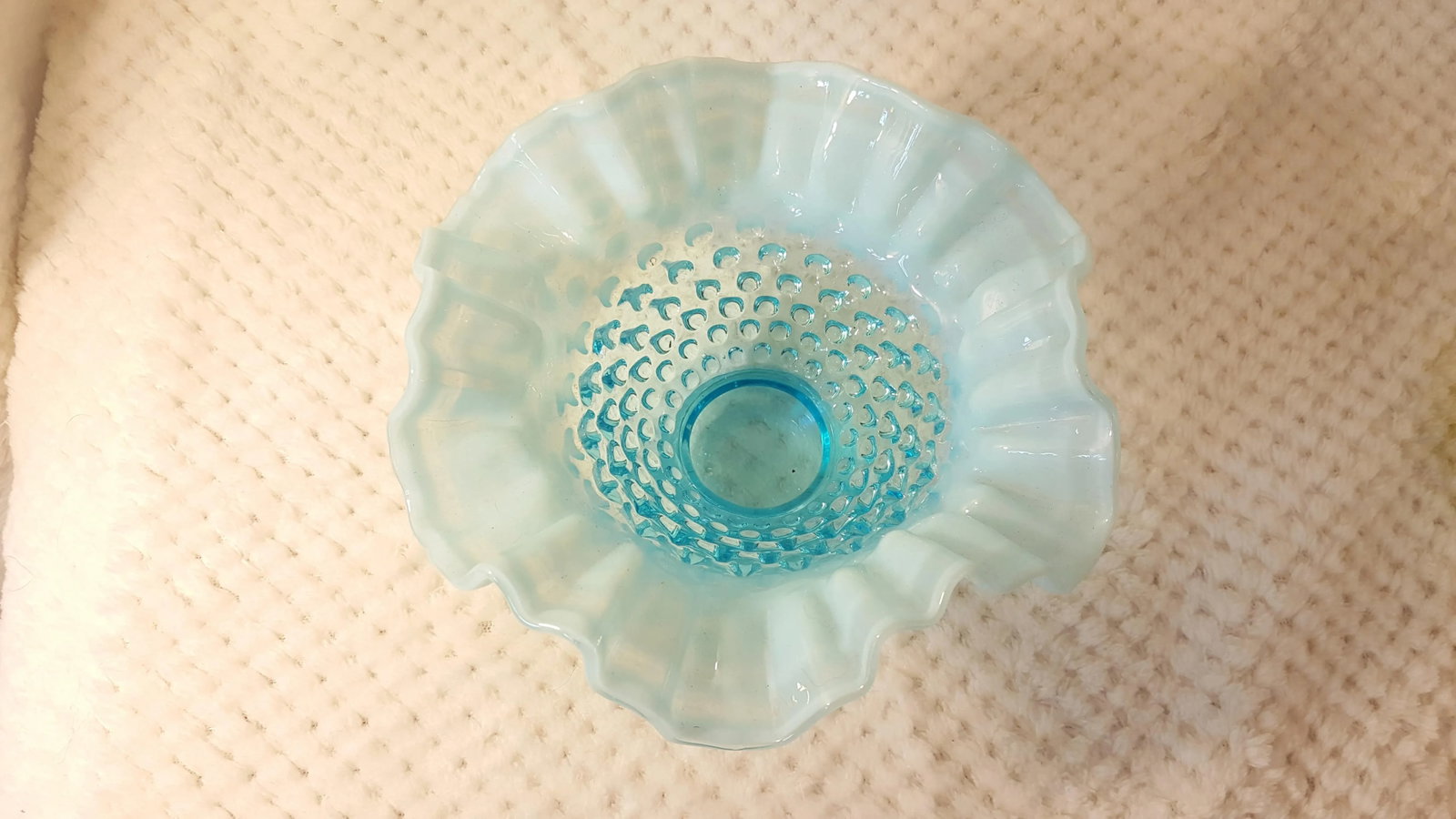 Aqua Opalescent Hobnail Bowl With Ruffle Edge - 2
