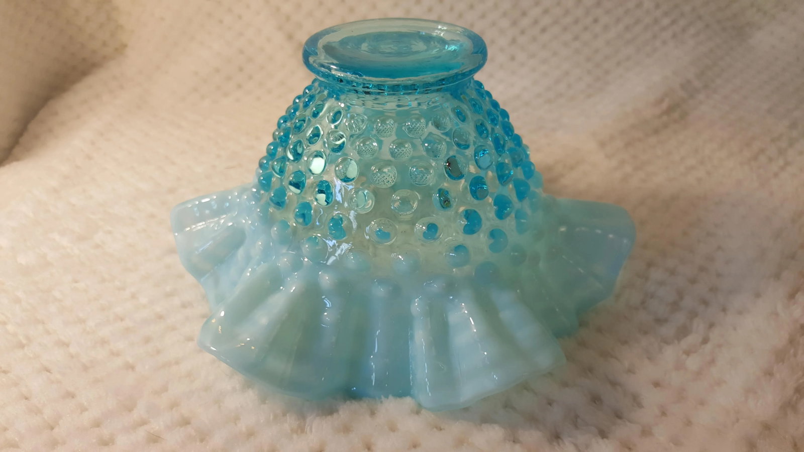 Aqua Opalescent Hobnail Bowl With Ruffle Edge - 4