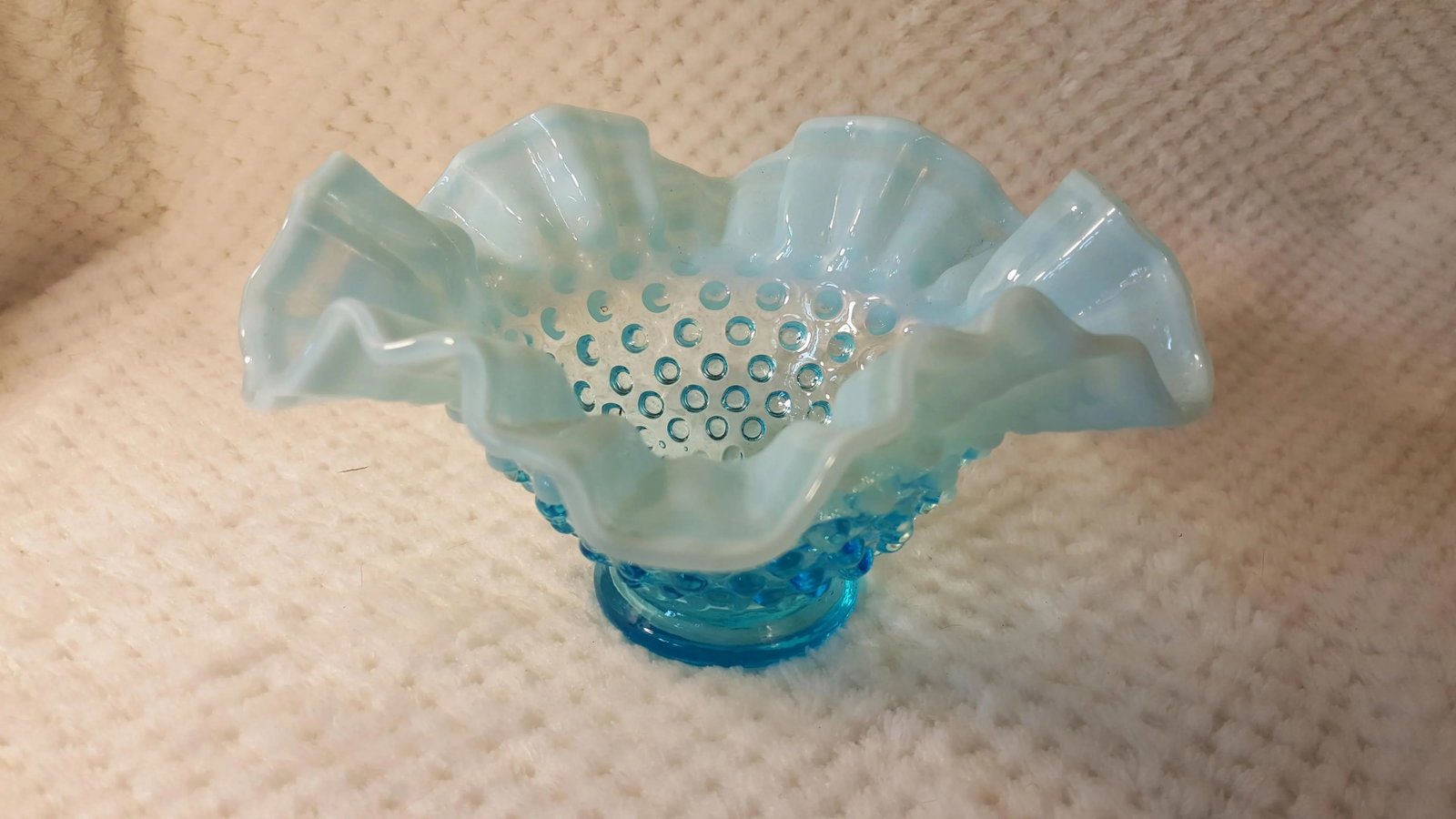 Aqua Opalescent Hobnail Bowl With Ruffle Edge - 5