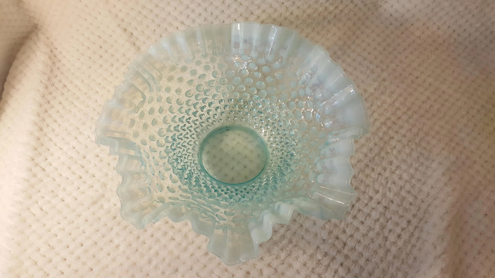Large Fenton Aqua Opalescent Hobnail Ruffle Edge Bowl - 2
