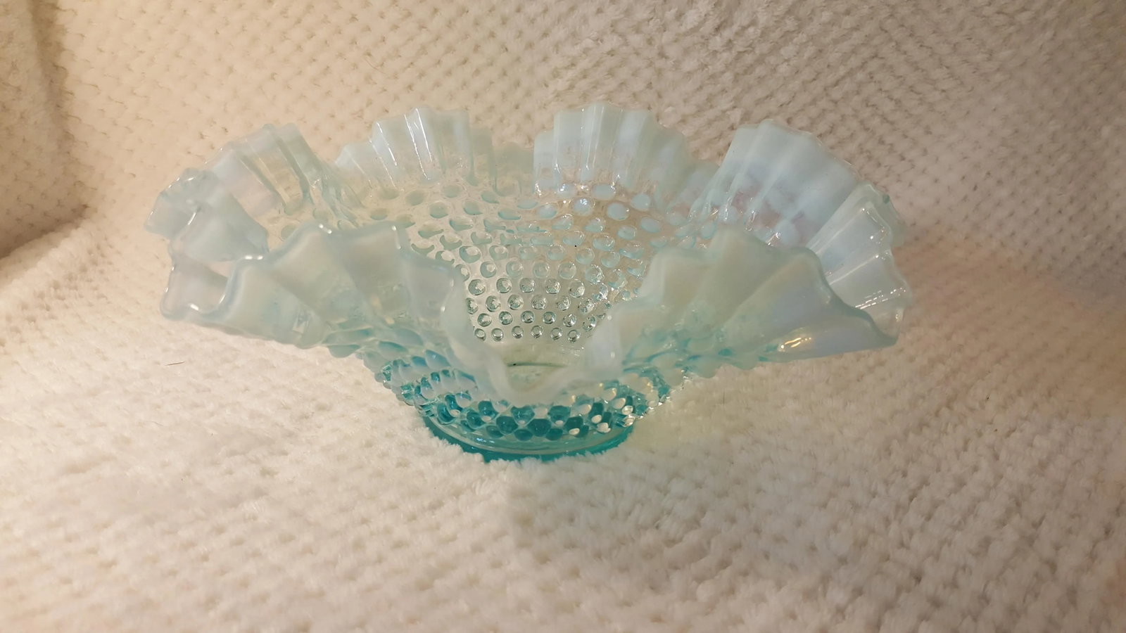 Large Fenton Aqua Opalescent Hobnail Ruffle Edge Bowl - 4