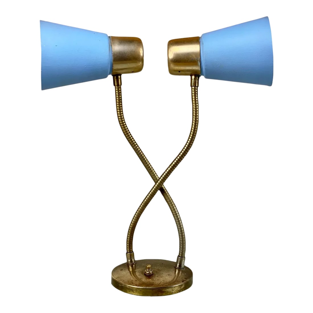 Mid-Century Atomic Blue Fiberglass Shade Double Gooseneck Desk Lamp: Mid-Century Atomic Blue Fiberglass Shade Double Gooseneck Desk Lamp, c.1960's - Pairs Nicely with Many Mid-Century Inspired Interiors - Double Gooseneck Desk with Lacquered Blue Fiberglass Cone Shades