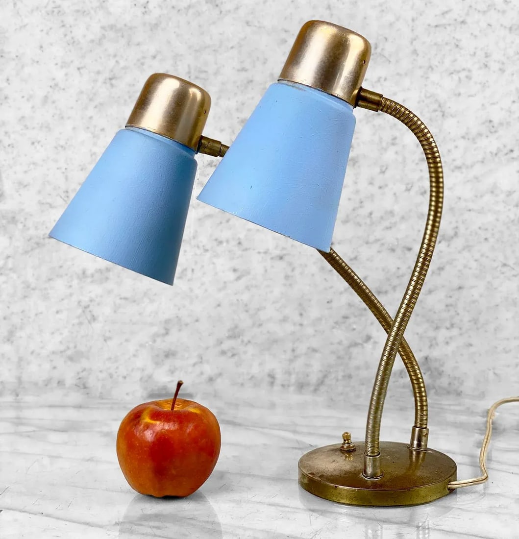 Mid-Century Atomic Blue Fiberglass Shade Double Gooseneck Desk Lamp - 2
