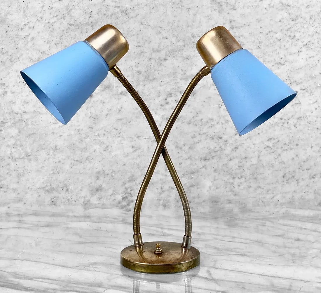 Mid-Century Atomic Blue Fiberglass Shade Double Gooseneck Desk Lamp - 3