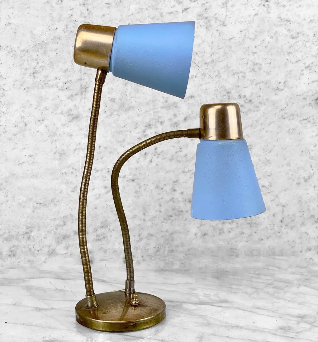 Mid-Century Atomic Blue Fiberglass Shade Double Gooseneck Desk Lamp - 4