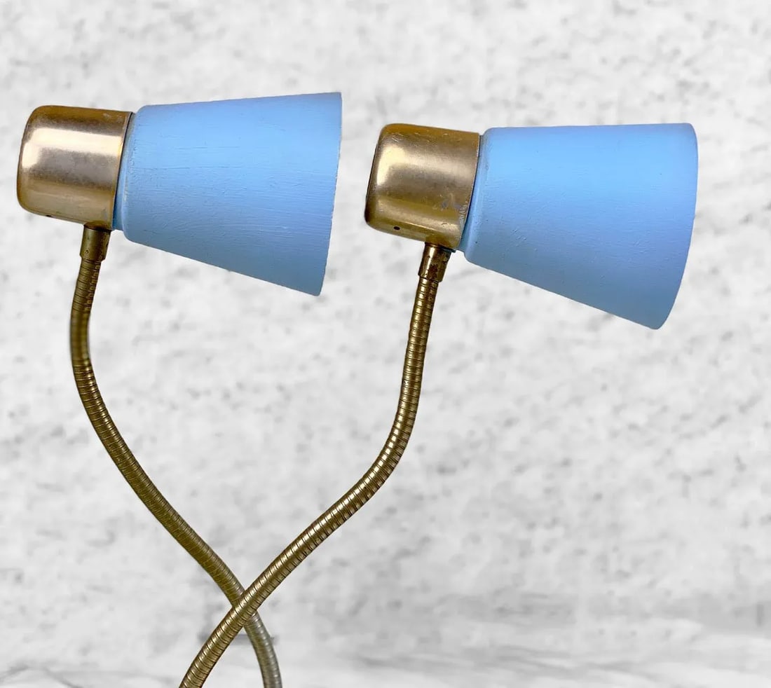 Mid-Century Atomic Blue Fiberglass Shade Double Gooseneck Desk Lamp - 5