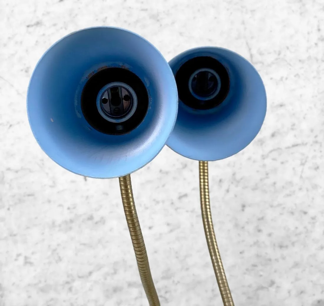 Mid-Century Atomic Blue Fiberglass Shade Double Gooseneck Desk Lamp - 8