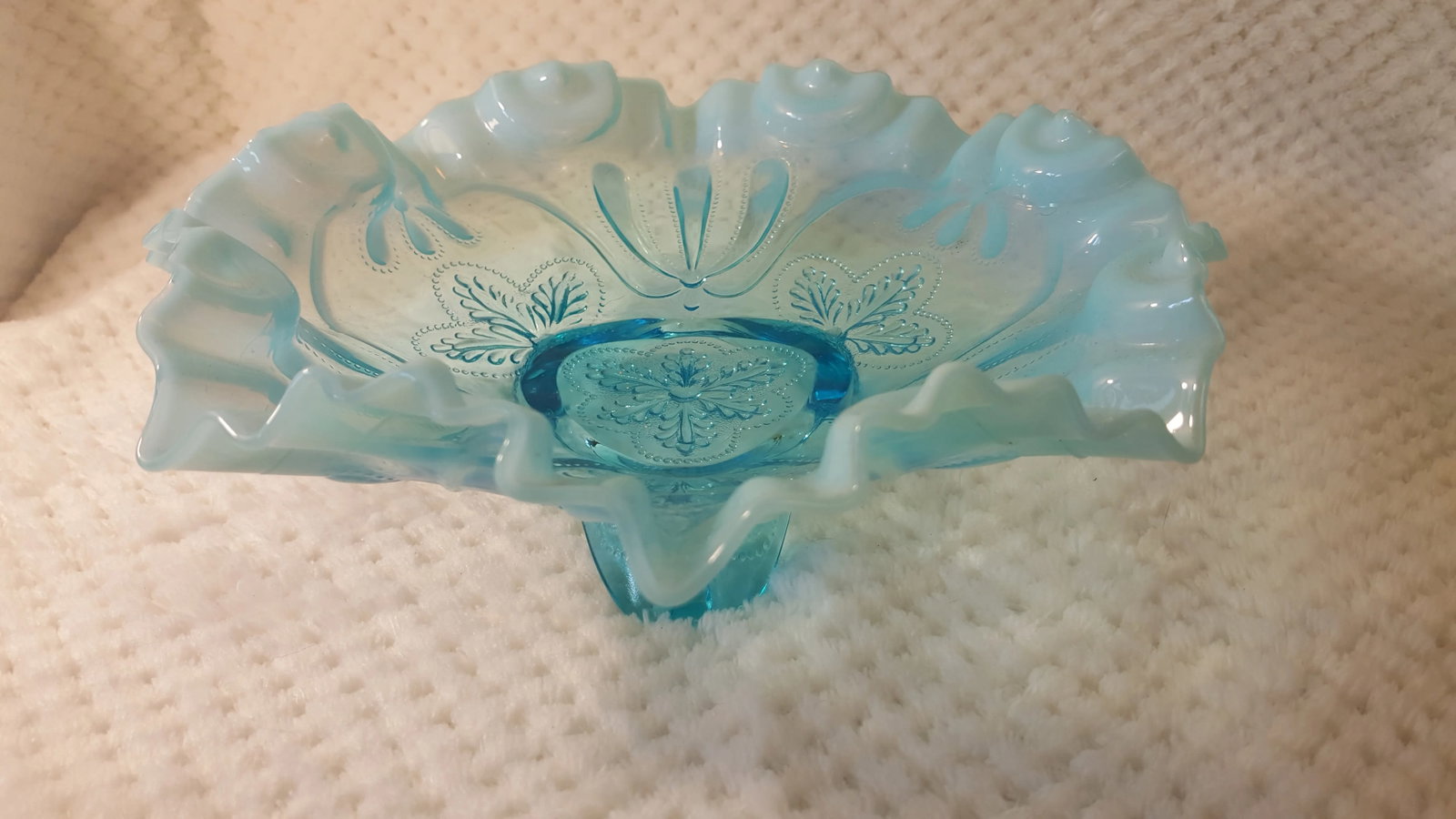 Jefferson Glass Aqua Opalescent Meander Footed Bowl - 2