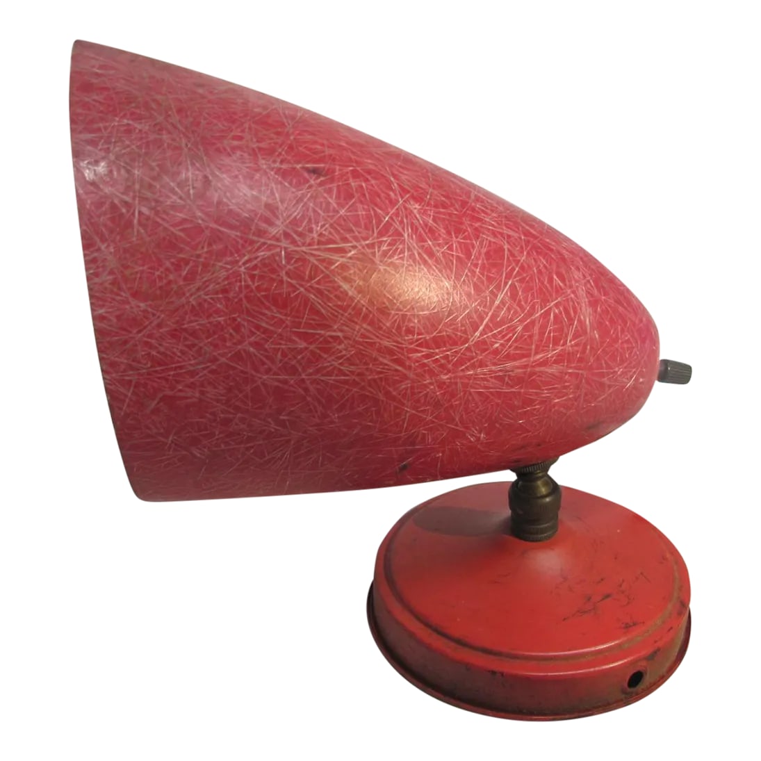 Vintage Mid-Century Red Fiberglass Wall / Desk Lamp Made in the U.S.A.: Really nice red fiberglass wall or desk lamp. Heavily fibered fiberglass shade and a formed metal base with a hanging hole. There is a 2-prong cord and the plug has been damaged. The shade has a swive