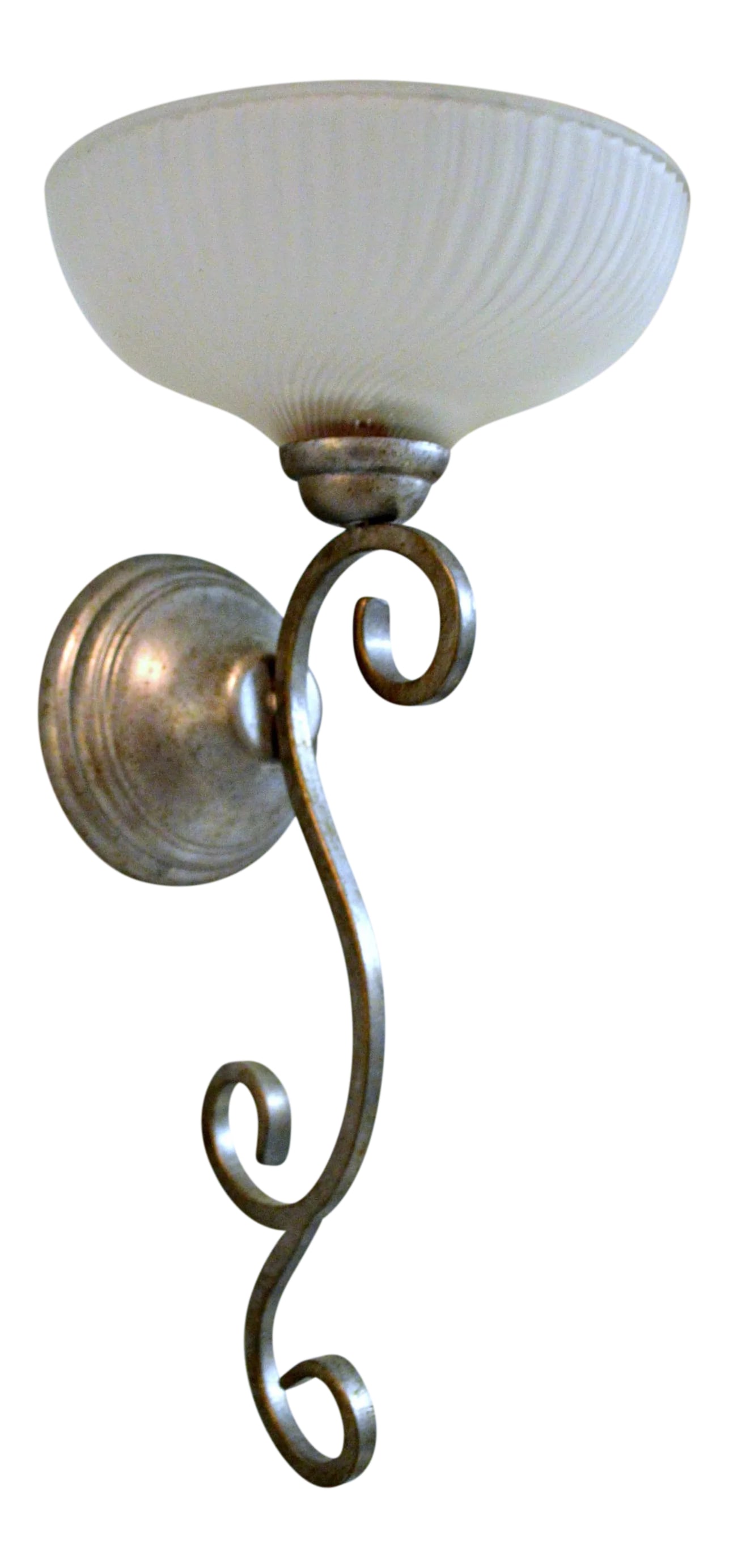 Pewter and Glass Wall Candleholder: Very decorative single candle holder sconce with frosted fluted glass shade and metal scrollwork bracket. Old look due to the pewter patina. Shade Dimensions : 8.5"D x 3.5"H Condition: Alterations: