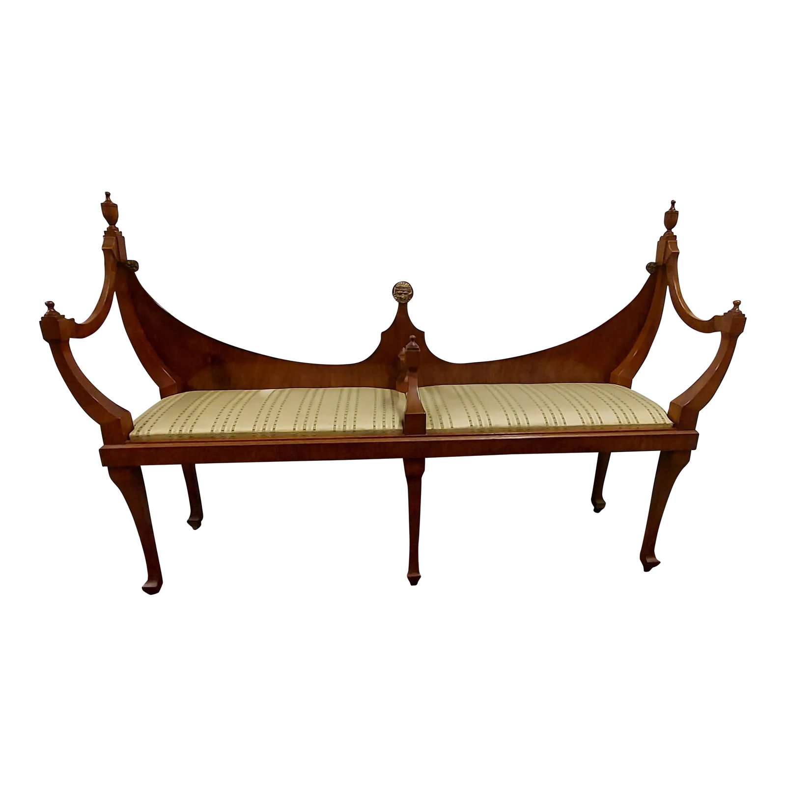 Early 1900s Old English Hepplewhite Style Walnut Courting Bench: Old English hepplewhite style walnut courting bench is from around 1900. It has three medallions on the back, pictured. The only issue with this bench it that the center needs to be stabilized because