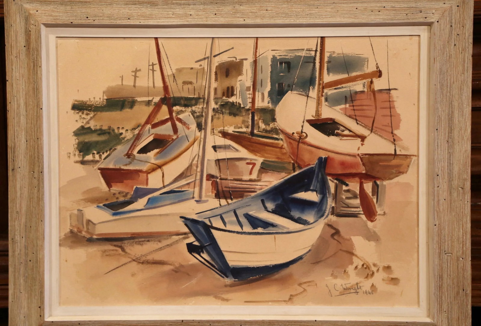 Mid-Century English Oil on Board Boat Painting Signed Jc Wright - 2