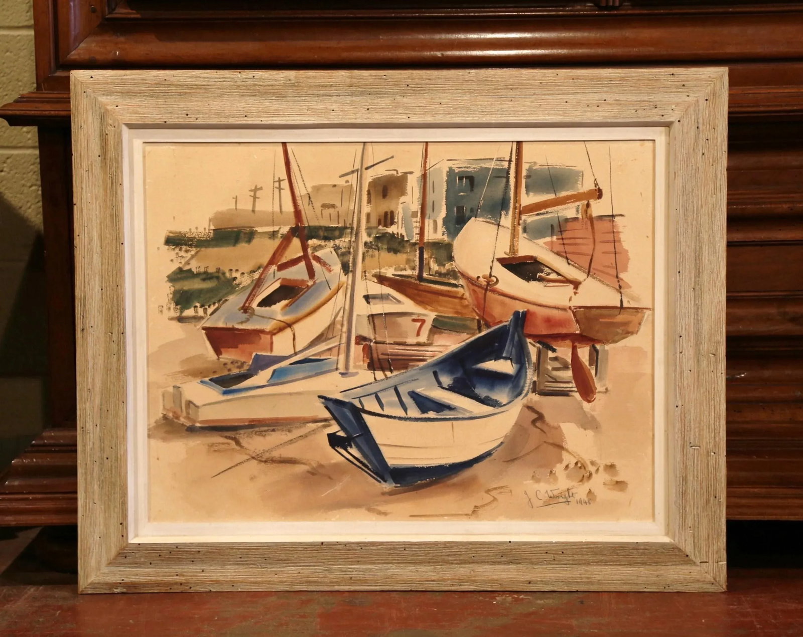 Mid-Century English Oil on Board Boat Painting Signed Jc Wright - 8